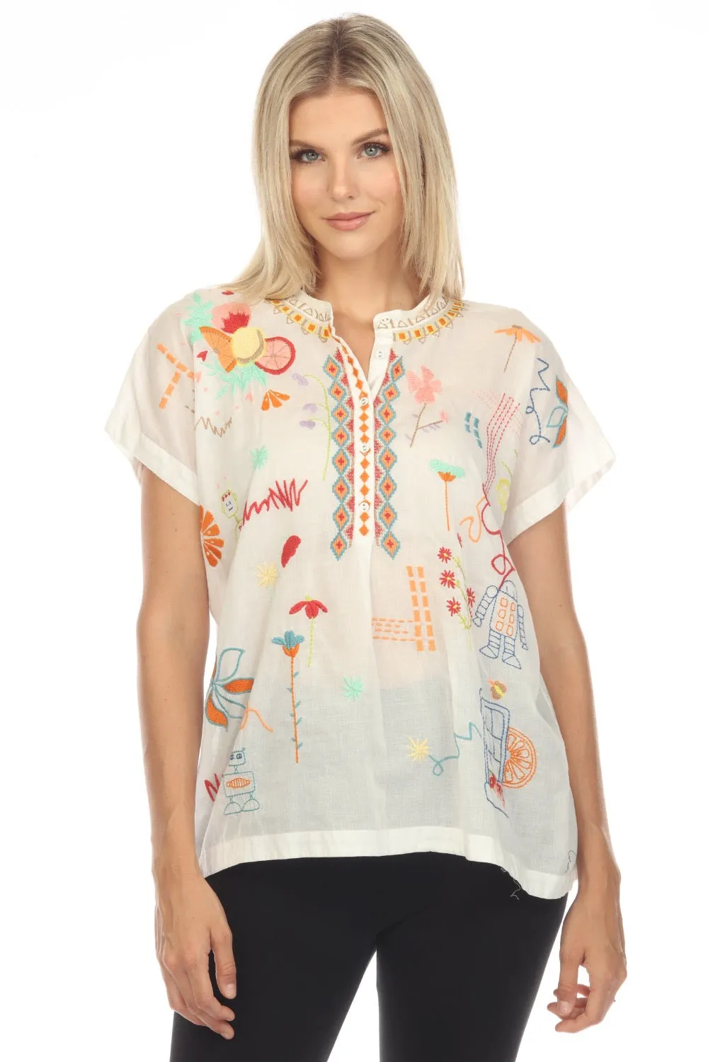 Johnny Was Biya Lemona Embroidered Short Sleeve Blouse Boho Chic B10523-4
