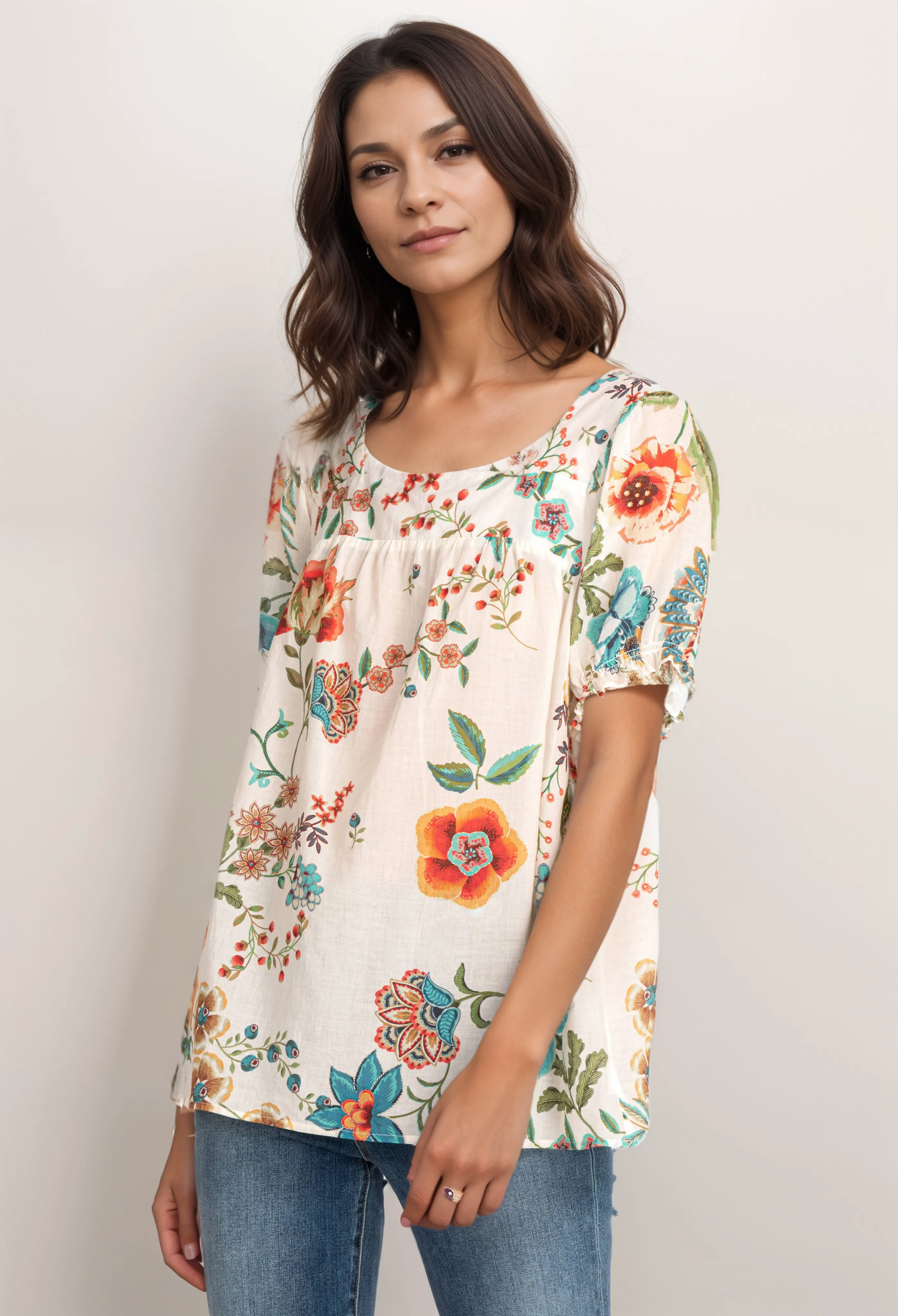 Johnny Was Ekru Ardell Puff Sleeve Top R19222 Boho Chic