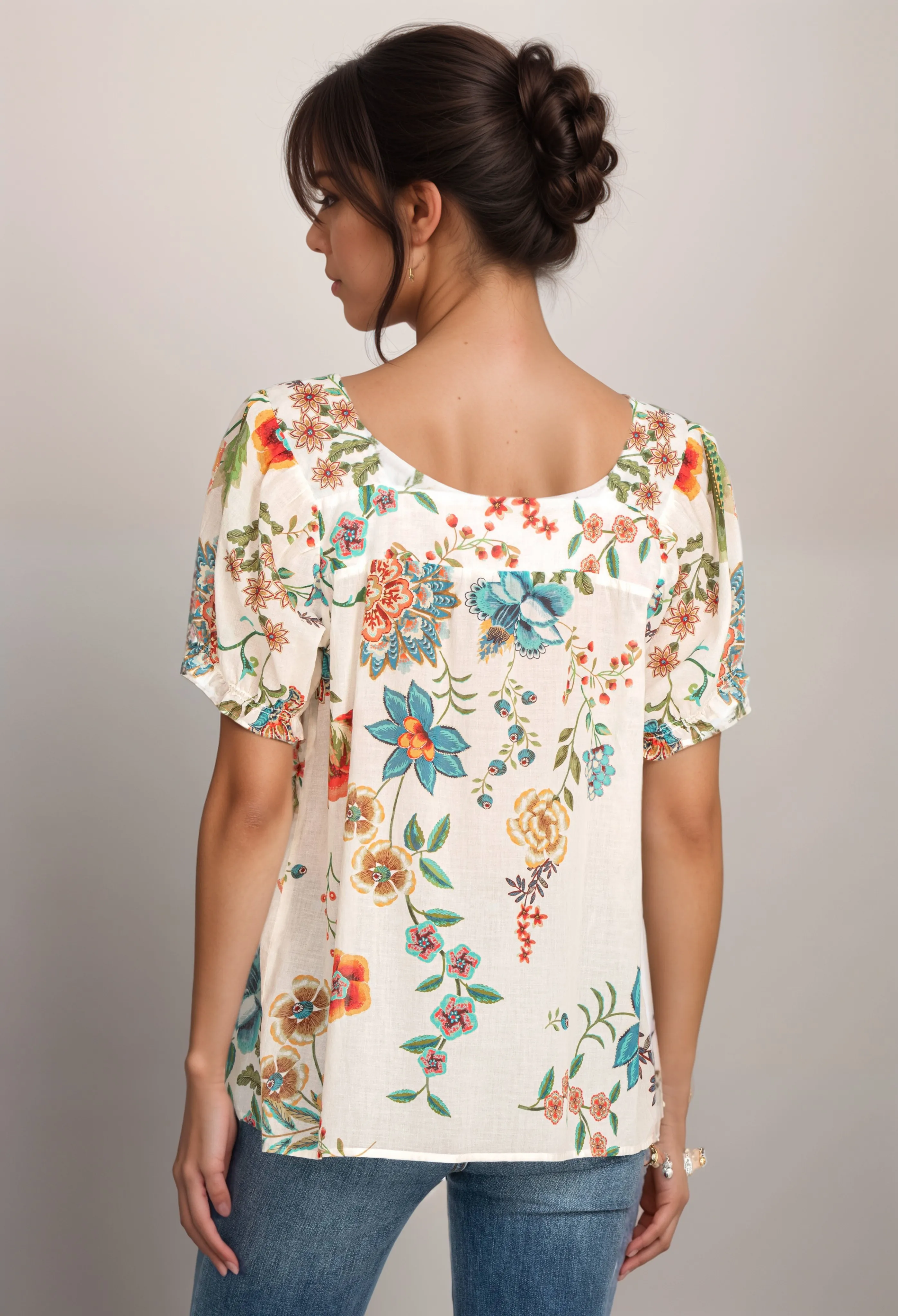 Johnny Was Ekru Ardell Puff Sleeve Top R19222 Boho Chic