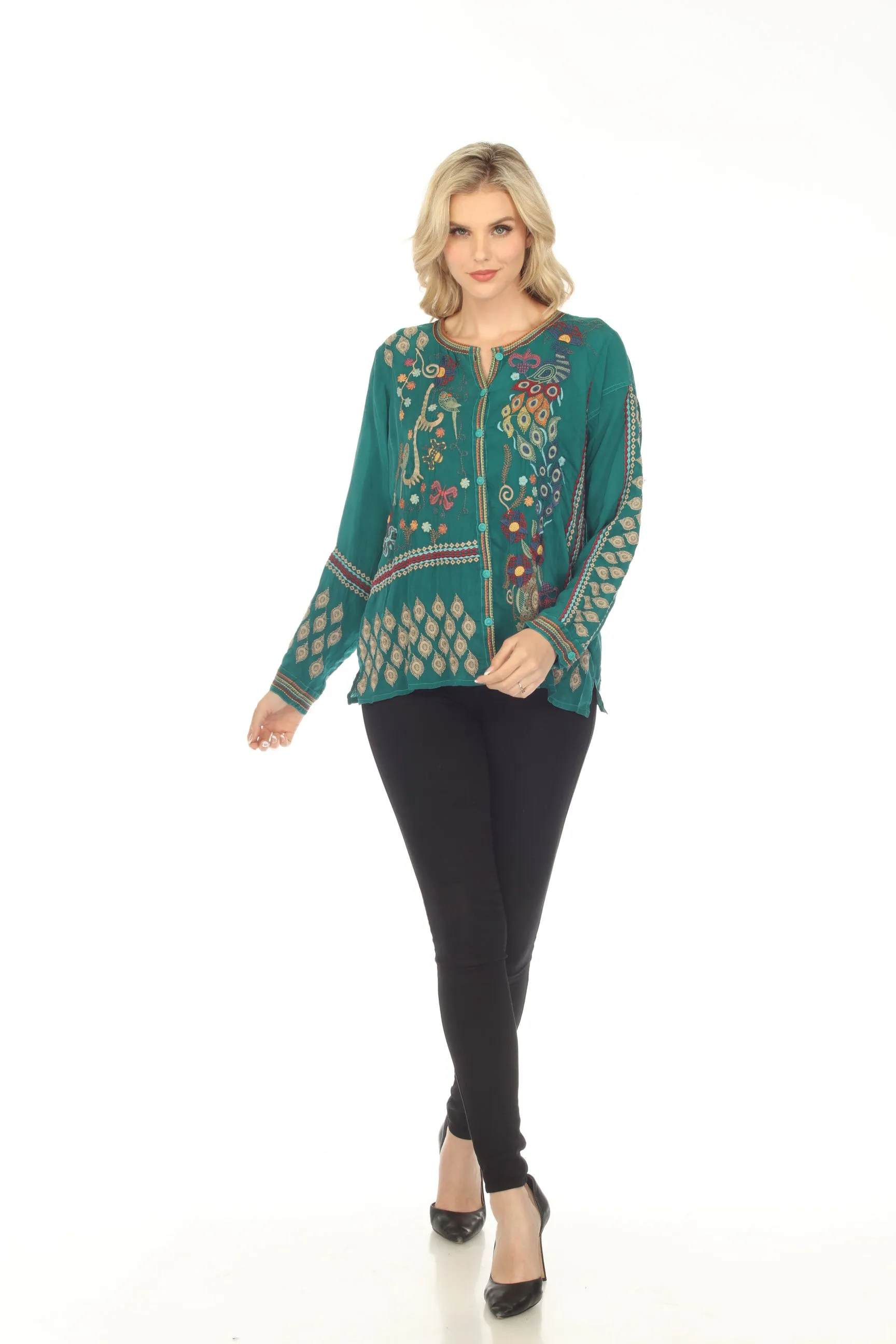Johnny Was Green Rio Embroidered Button Front Blouse Boho Chic C18023