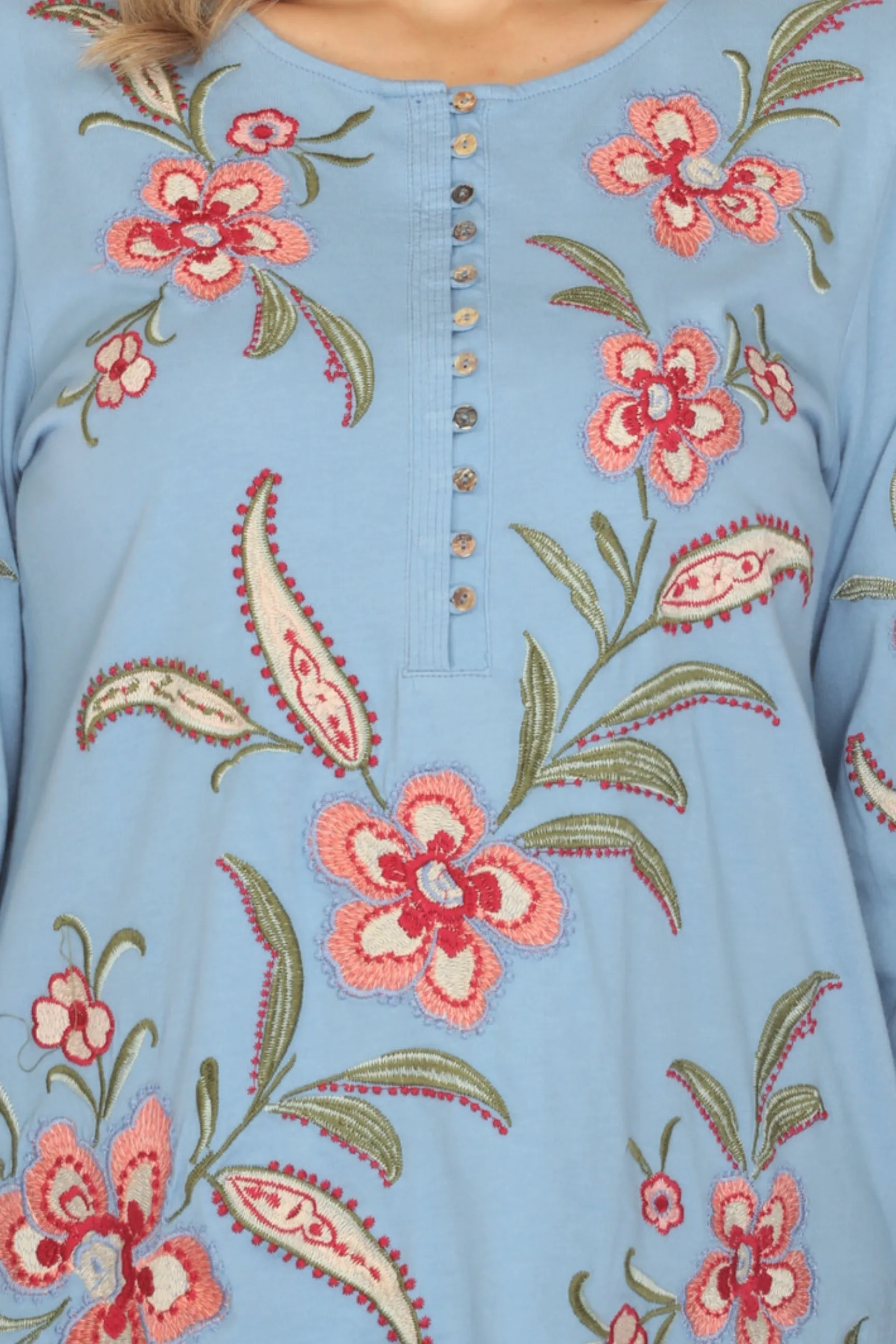 Johnny Was JWLA Blue Libbi 3/4 Sleeve Button Front Tee J13124 Plus Size