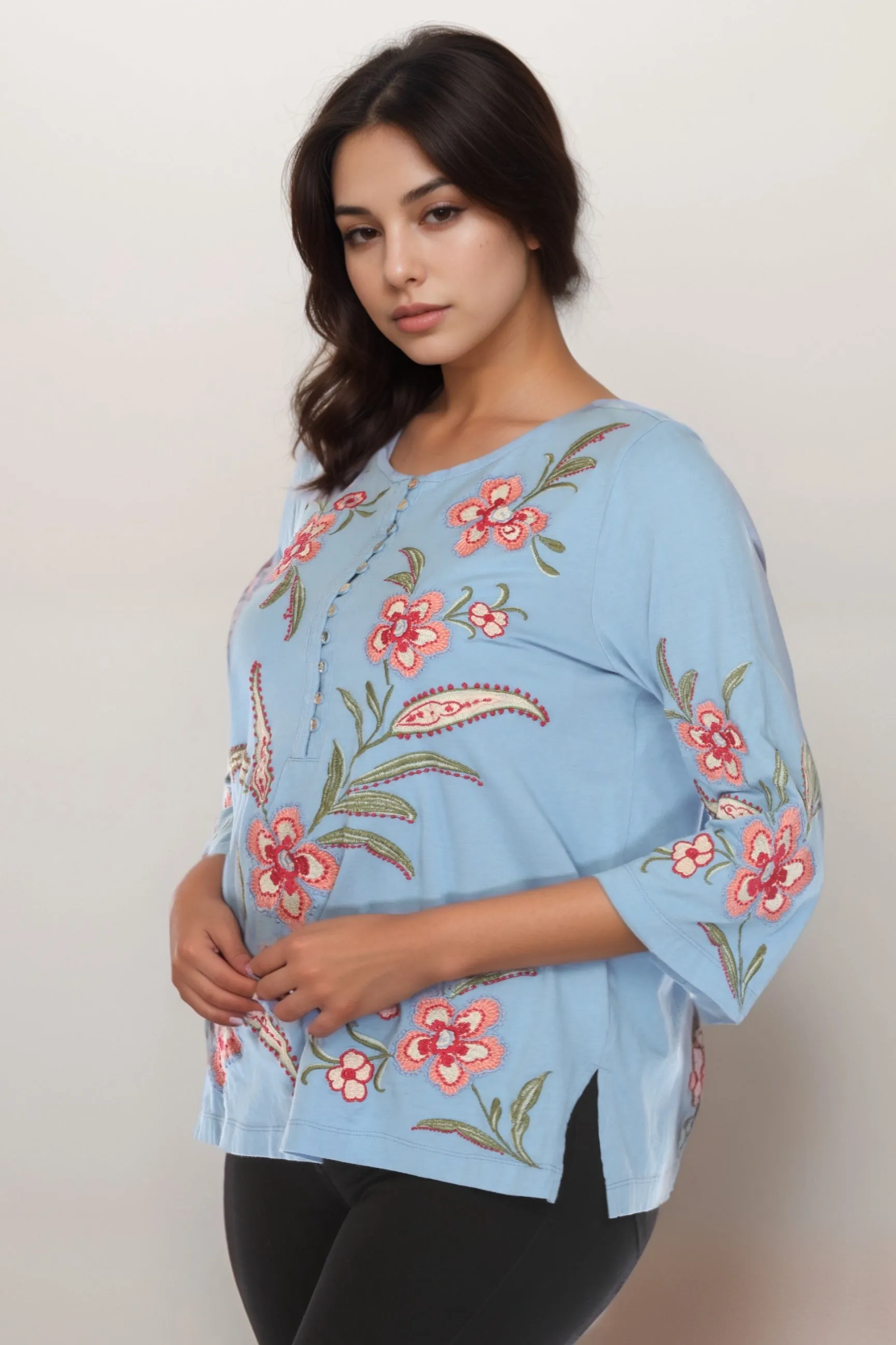 Johnny Was JWLA Blue Libbi 3/4 Sleeve Button Front Tee J13124 Plus Size