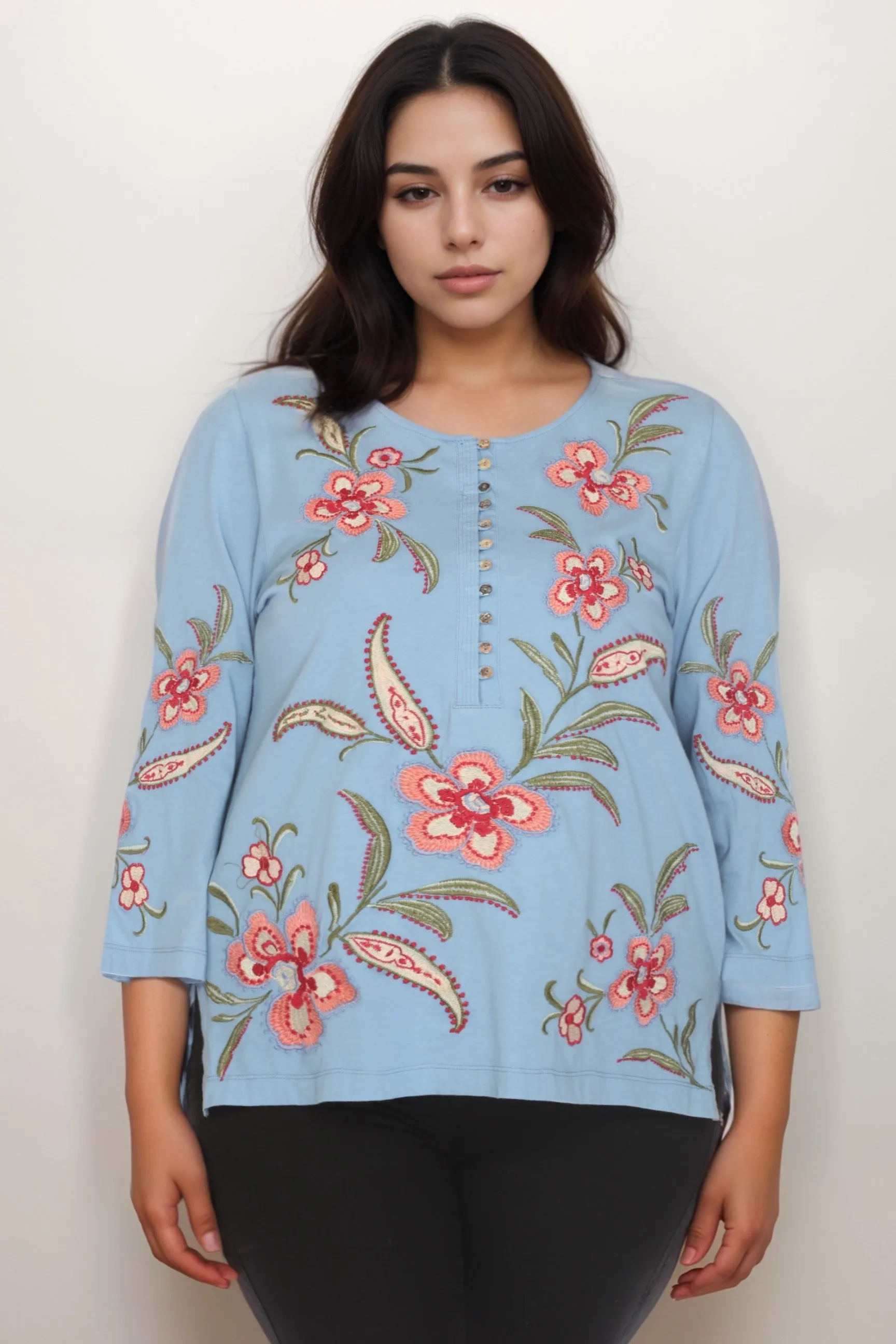 Johnny Was JWLA Blue Libbi 3/4 Sleeve Button Front Tee J13124 Plus Size