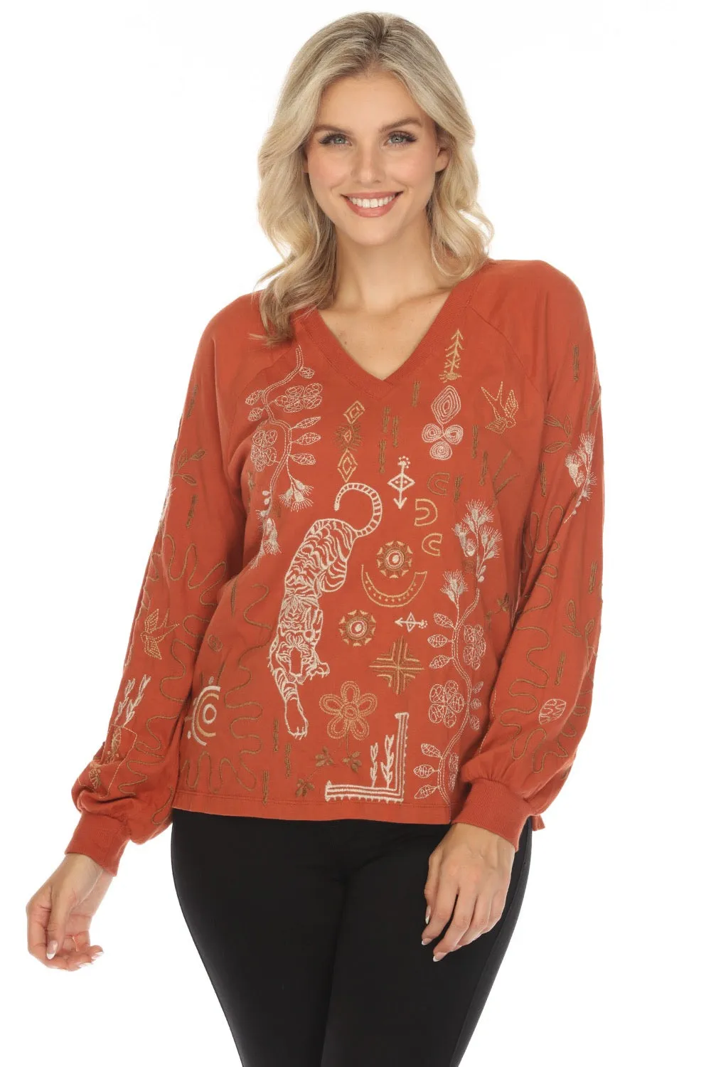 Johnny Was JWLA Raglan Bishop Sleeve Embroidered Tee J17024 Boho Chic