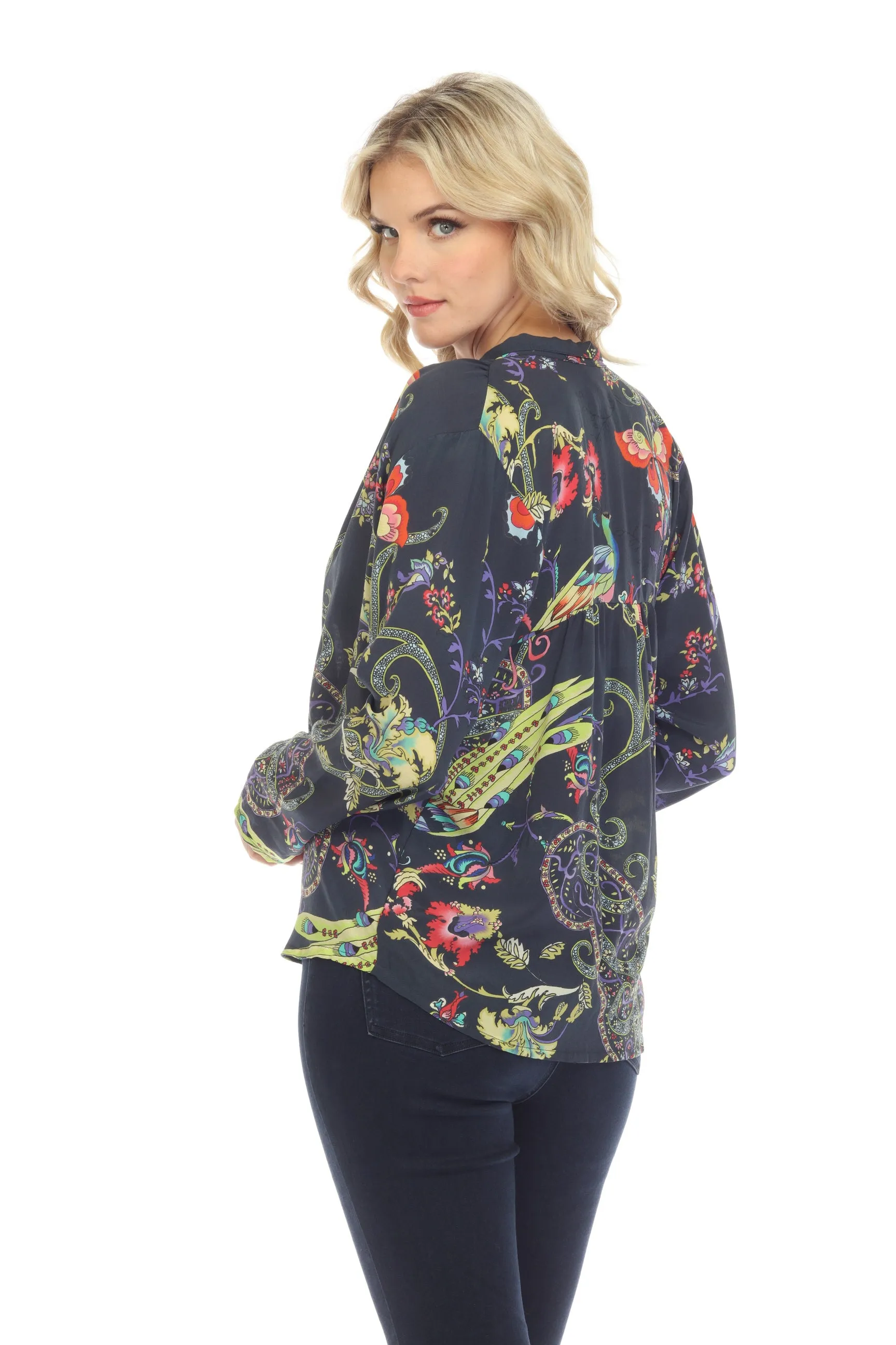Johnny Was Pottery Sofia Button Up Silk Printed Tunic Top Boho Chic C19022AE