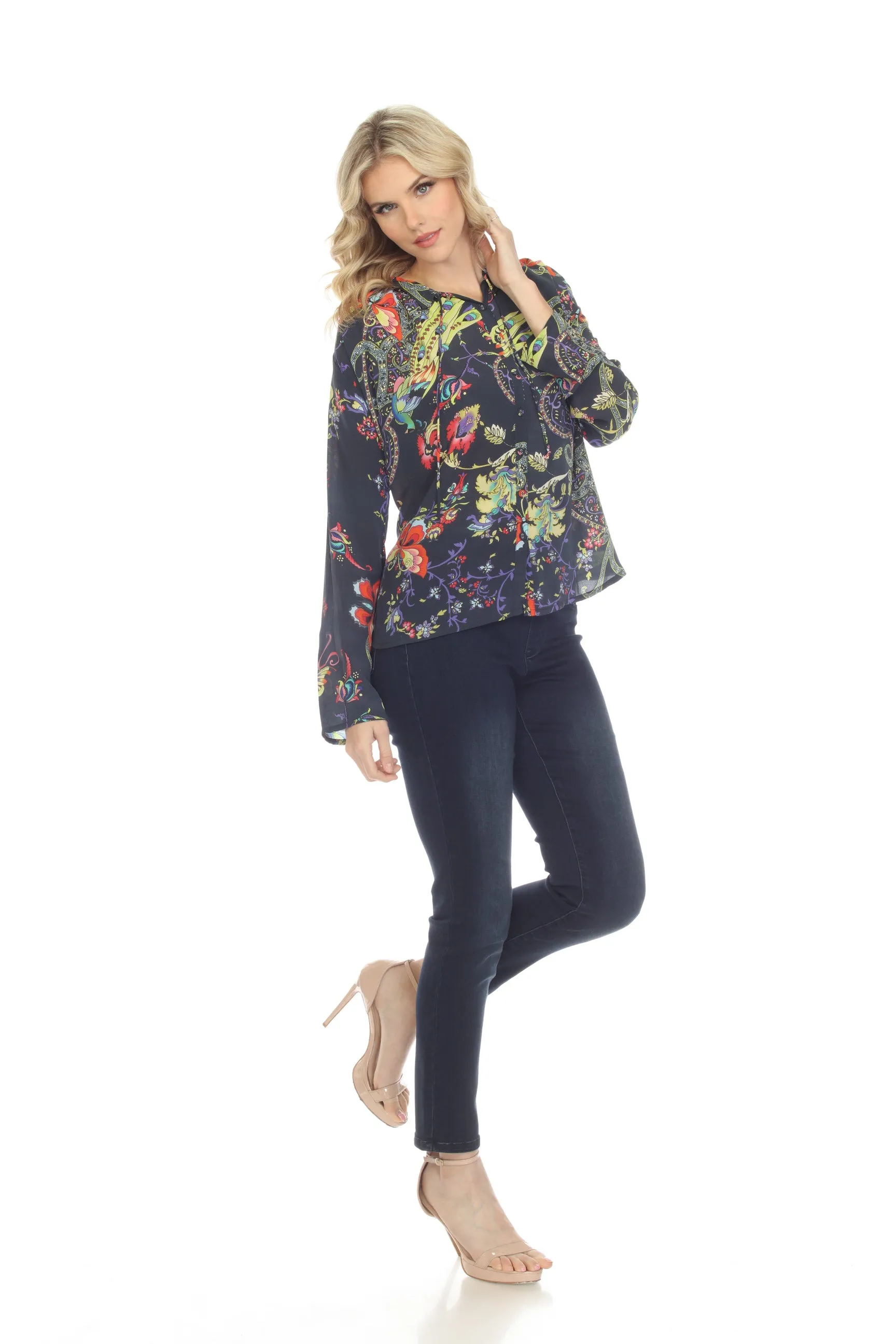 Johnny Was Pottery Sofia Button Up Silk Printed Tunic Top Boho Chic C19022AE