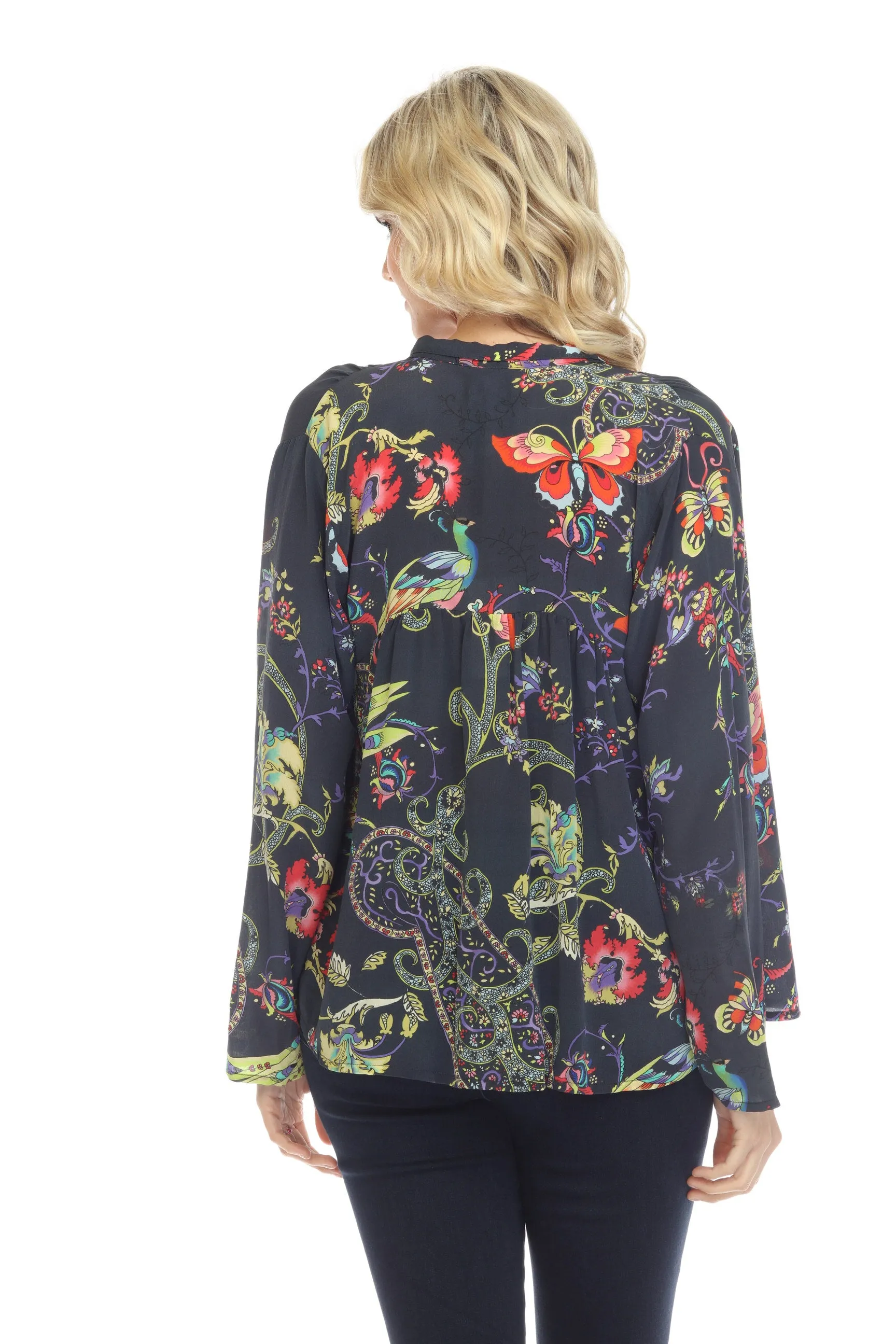 Johnny Was Pottery Sofia Button Up Silk Printed Tunic Top Boho Chic C19022AE