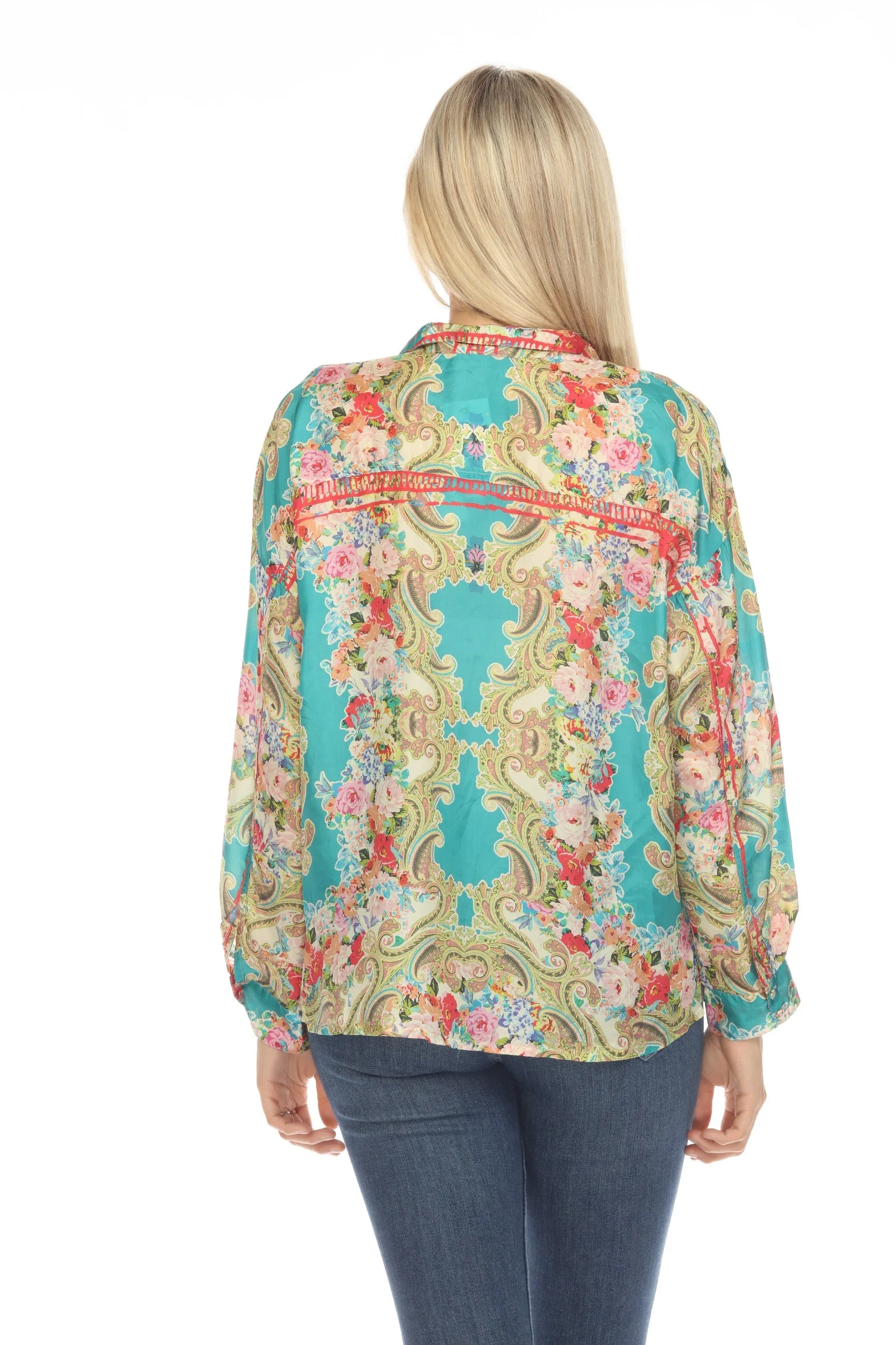 Johnny Was Rivoray Arie Silk Paisley Floral Button Up Top Plus Size C13623