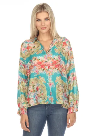 Johnny Was Rivoray Arie Silk Paisley Floral Button Up Top Plus Size C13623