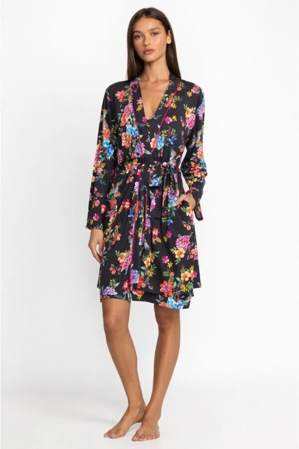 Johnny Was Sognatore Neros Sleep Robe Home Lounge Wear Floral Cotton Black New