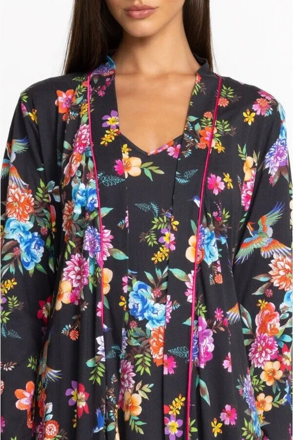 Johnny Was Sognatore Neros Sleep Robe Home Lounge Wear Floral Cotton Black New