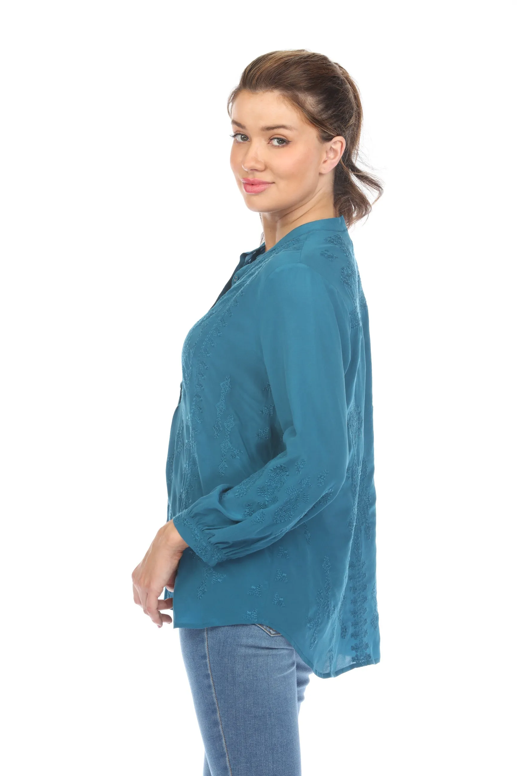 Johnny Was Workshop Cara Yoke Silk Blouse W14224 Boho Chic *