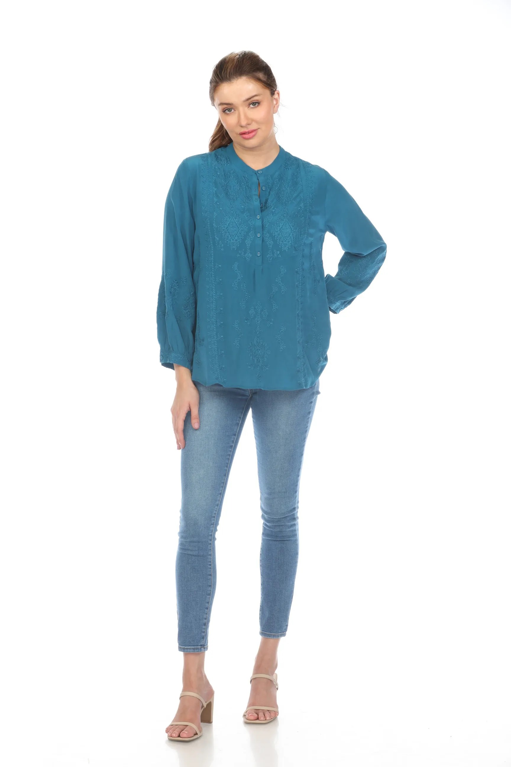 Johnny Was Workshop Cara Yoke Silk Blouse W14224 Boho Chic *