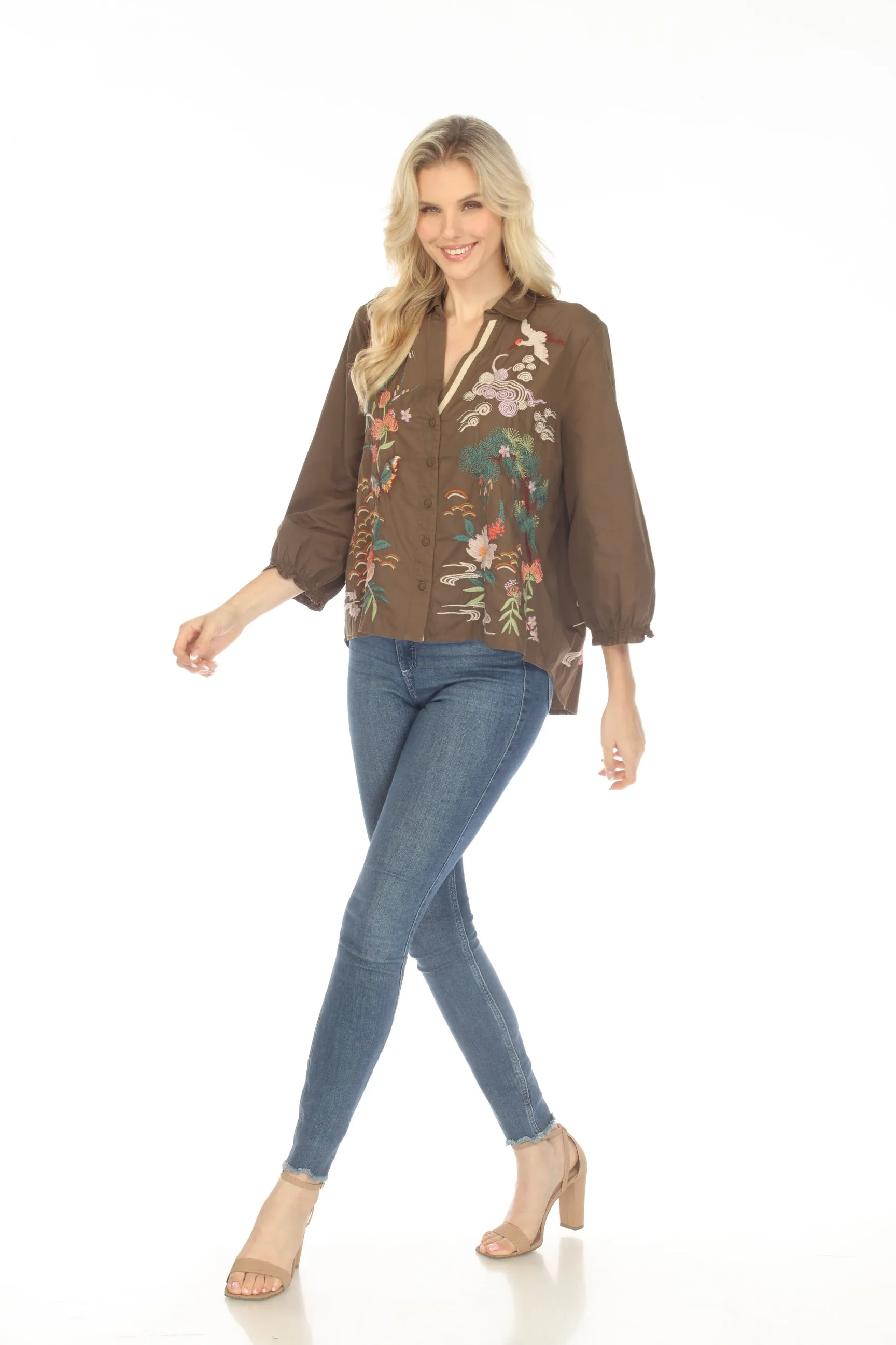 Johnny Was Workshop Heron Relaxed Smocked Shirt W14223 Boho Chic *