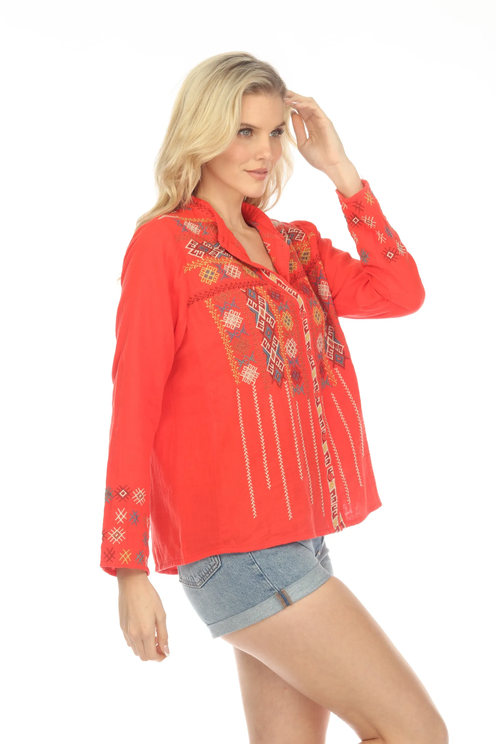 Johnny Was Workshop Red Embroidered Button-Down Blouse Boho Chic W10008