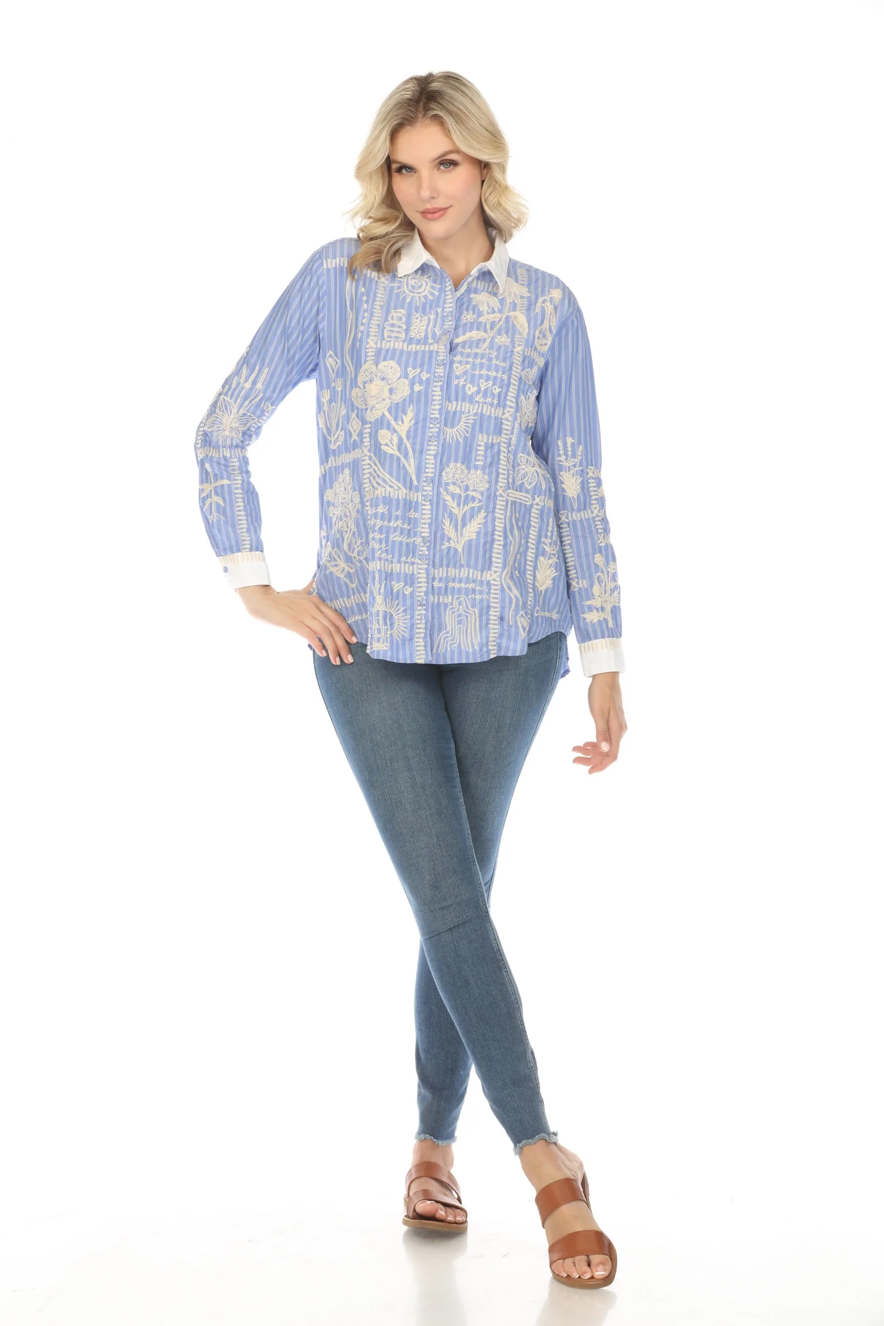 Johnny Was Workshop Stripe Botanique Double Button Oversized Shirt W18324 Boho Chic