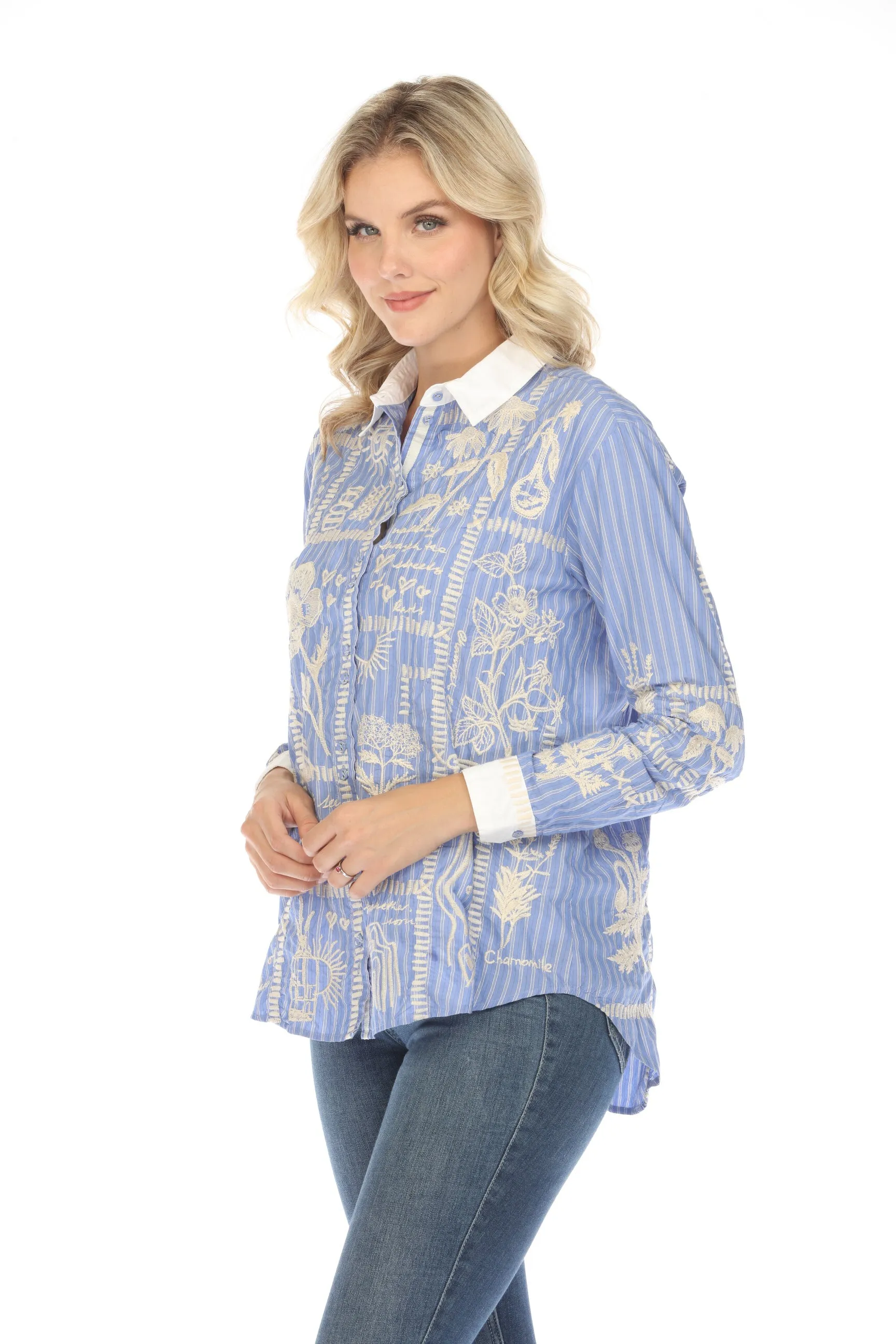 Johnny Was Workshop Stripe Botanique Double Button Oversized Shirt W18324 Boho Chic