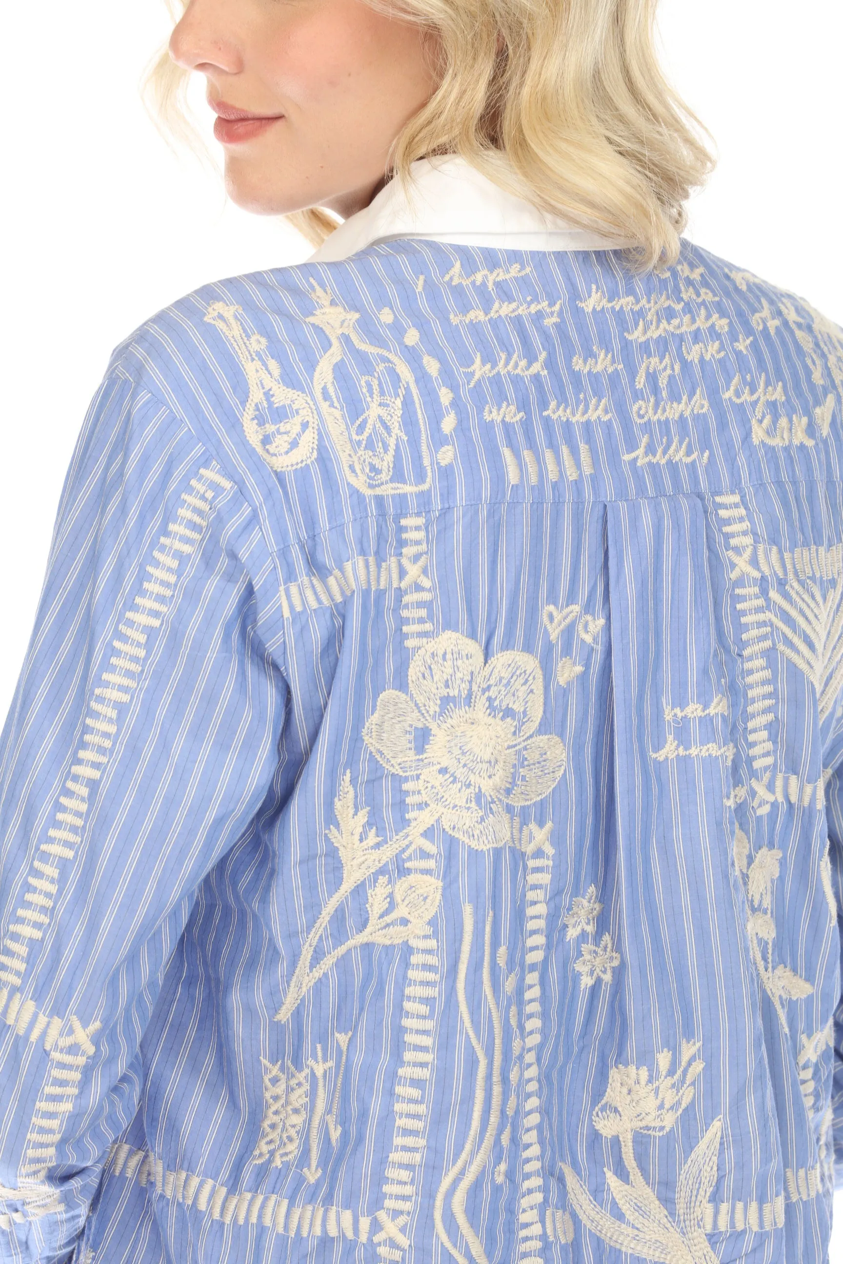 Johnny Was Workshop Stripe Botanique Double Button Oversized Shirt W18324 Boho Chic