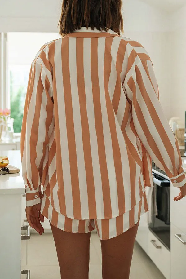 Justine Loose Striped Shirt and Elastic Waist Short Set with Cami Top