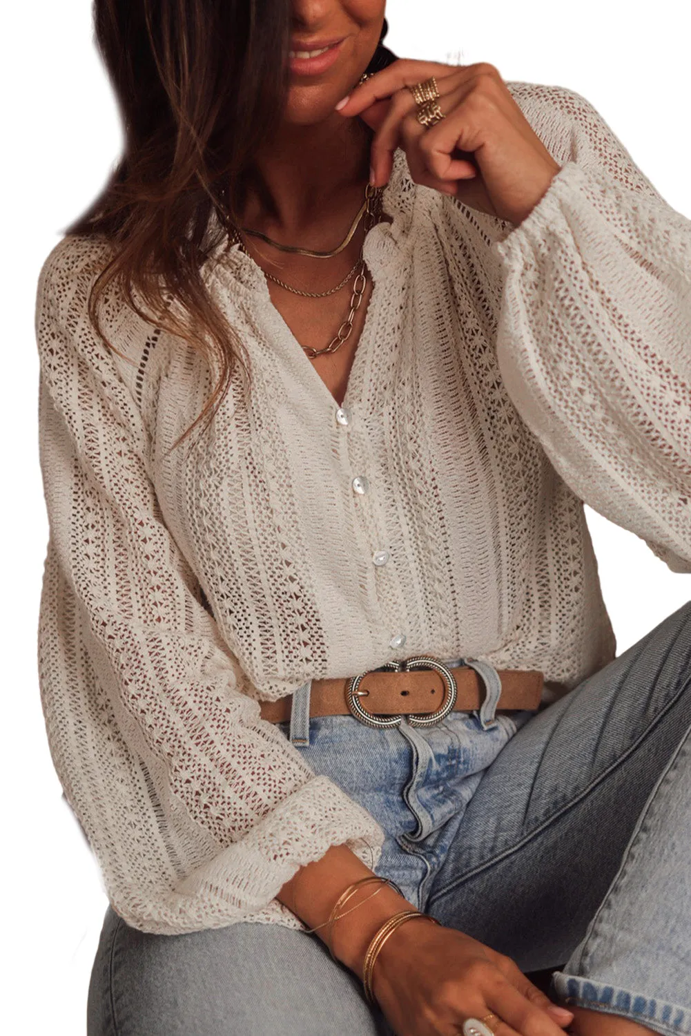 KaleaBoutique Lace Hollow out Puff Sleeve Button up Shirt