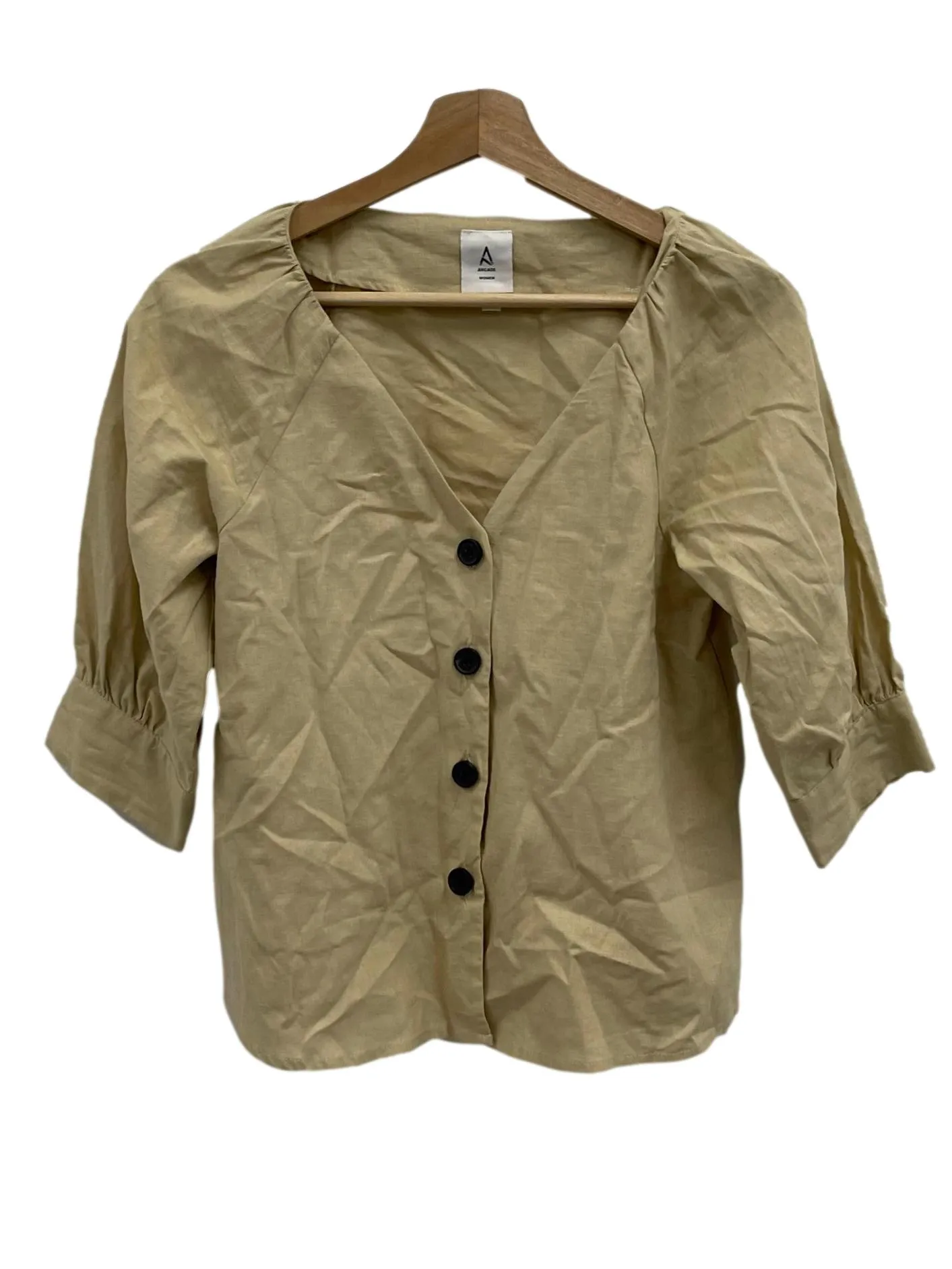 Khaki Brown V-Neck Button Down Blouse