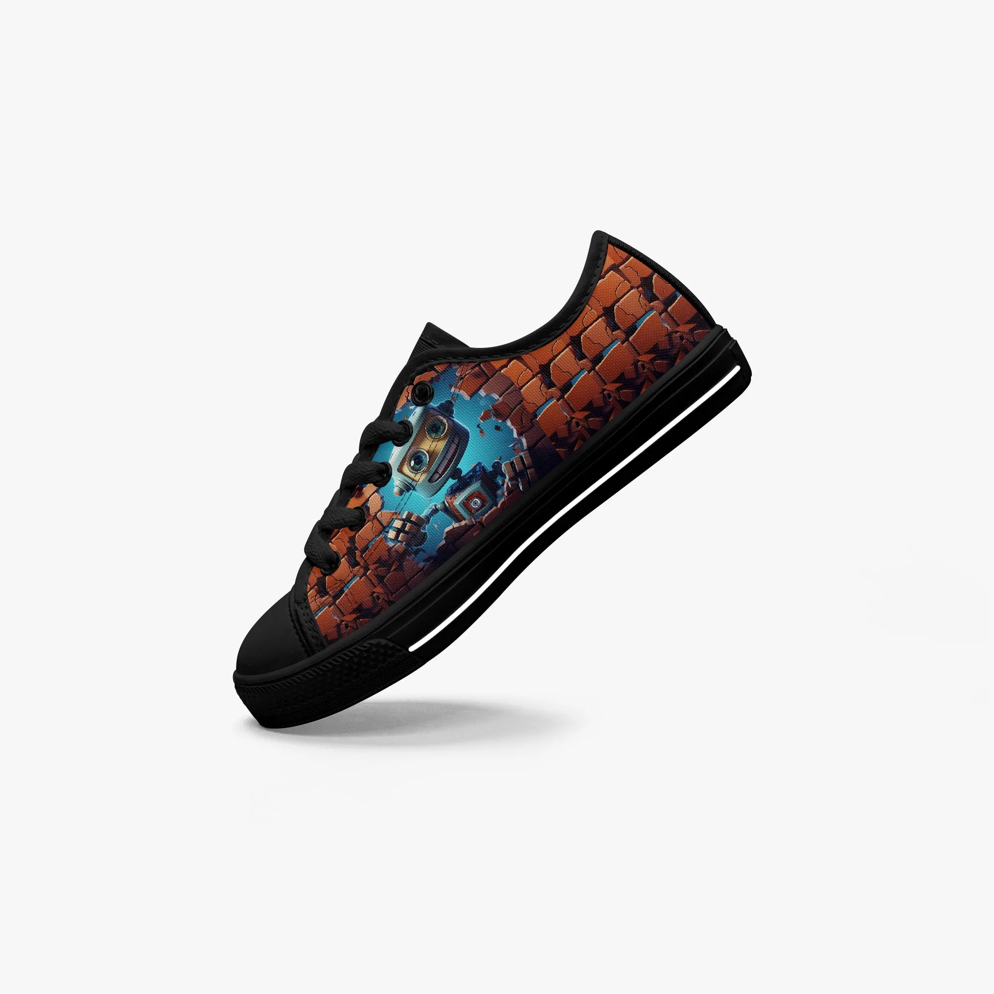 Kid’s Low-Top Canvas Shoes-Black Kids' Low-Top Canvas Shoes – Cartoon 3D Robot Breaking Through Crack Wall