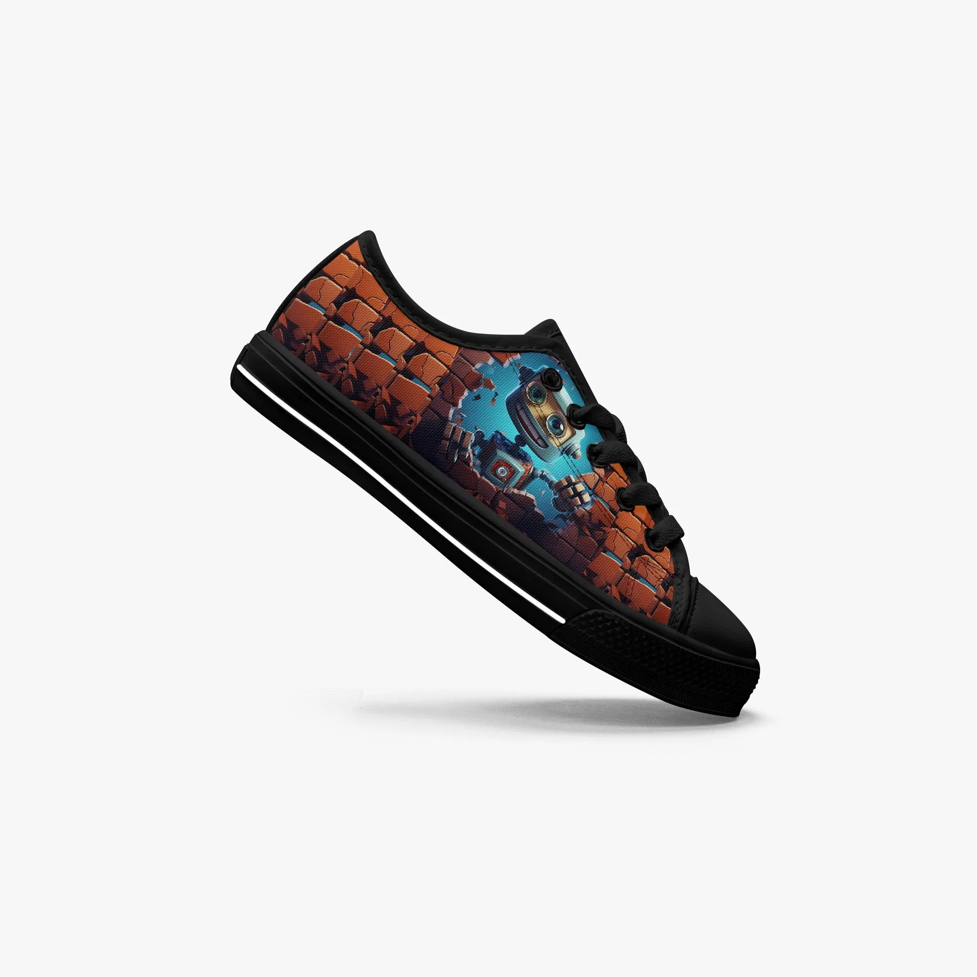 Kid’s Low-Top Canvas Shoes-Black Kids' Low-Top Canvas Shoes – Cartoon 3D Robot Breaking Through Crack Wall