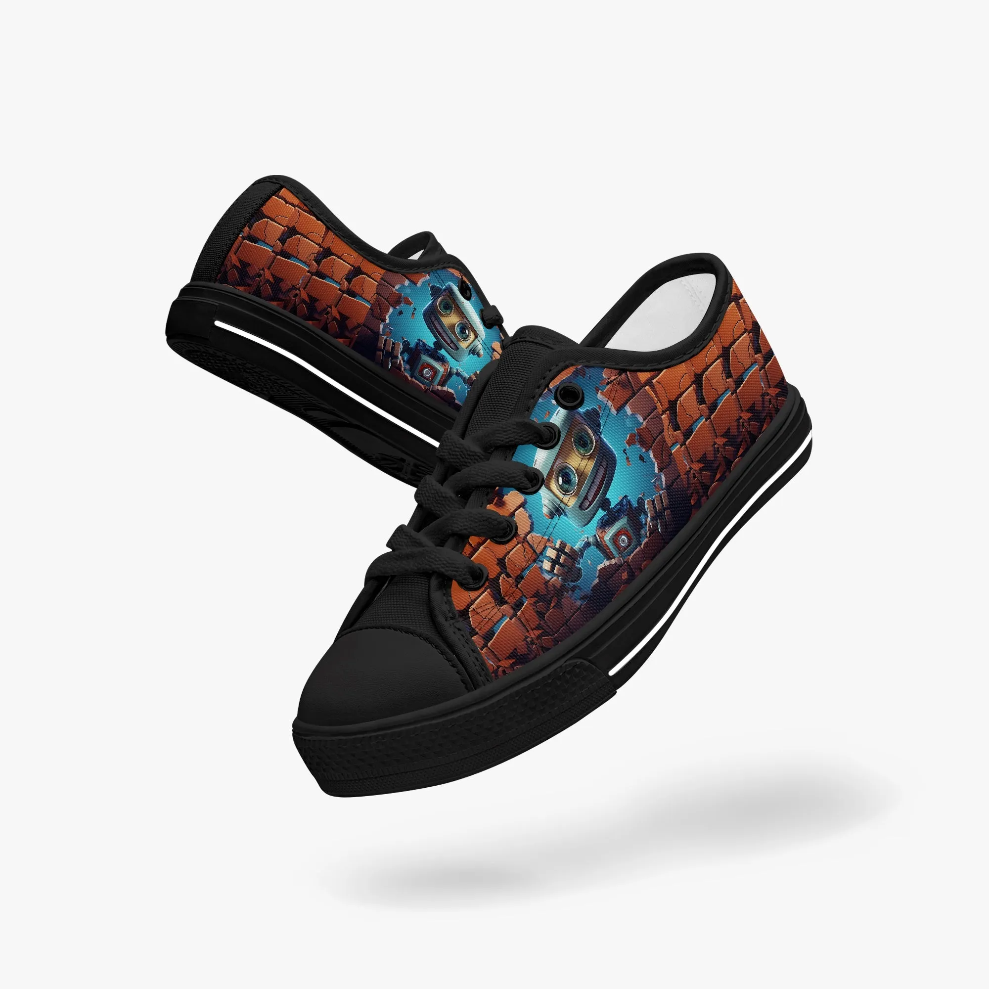 Kid’s Low-Top Canvas Shoes-Black Kids' Low-Top Canvas Shoes – Cartoon 3D Robot Breaking Through Crack Wall