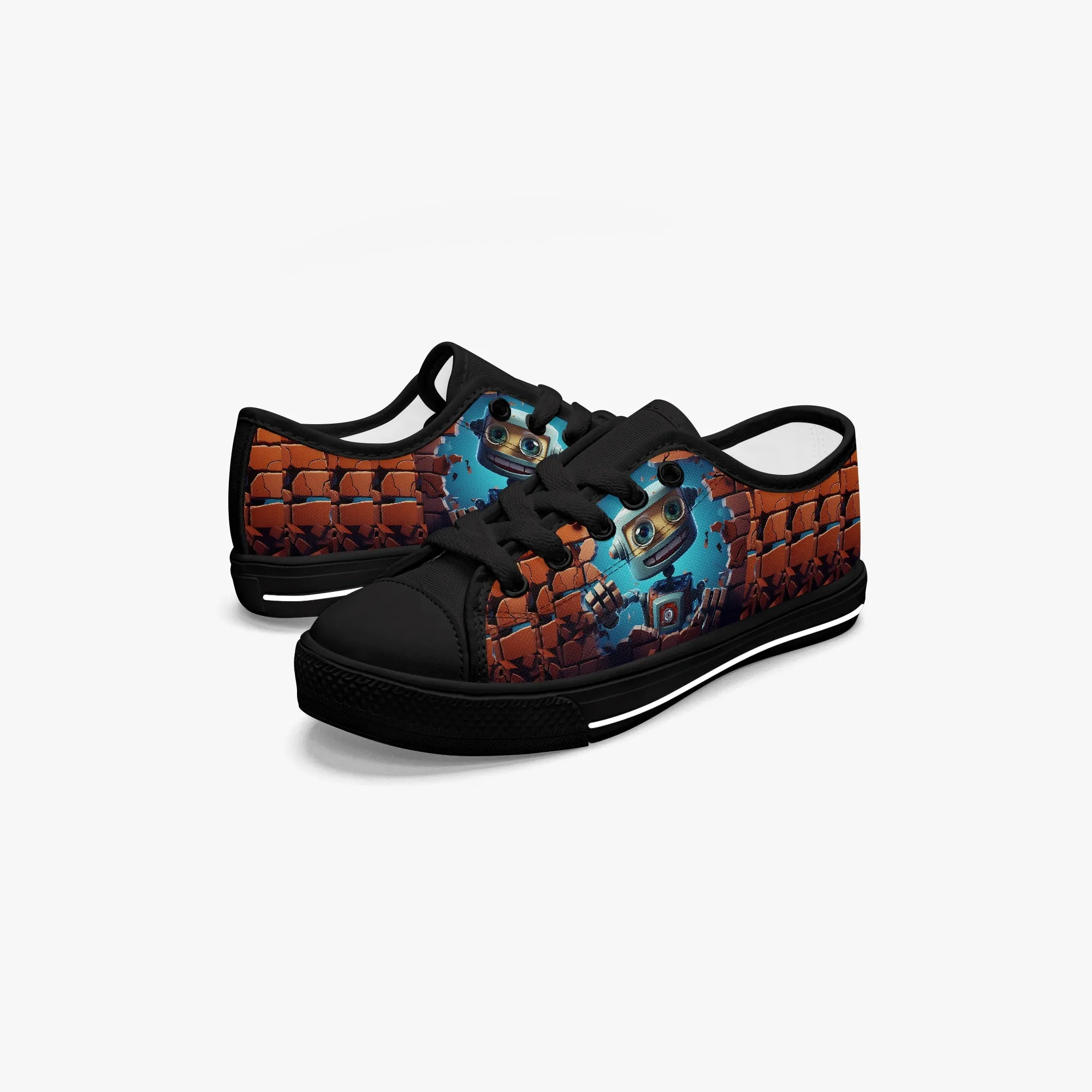 Kid’s Low-Top Canvas Shoes-Black Kids' Low-Top Canvas Shoes – Cartoon 3D Robot Breaking Through Crack Wall