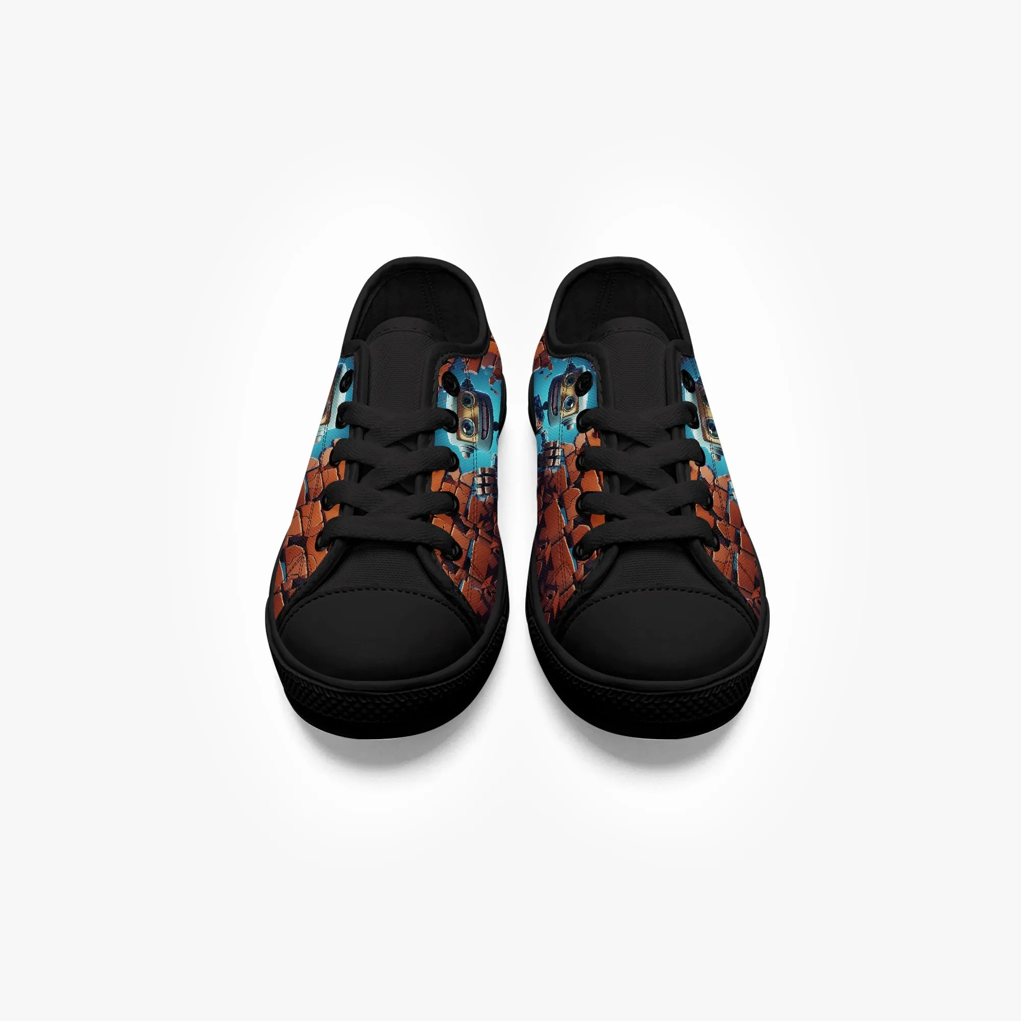 Kid’s Low-Top Canvas Shoes-Black Kids' Low-Top Canvas Shoes – Cartoon 3D Robot Breaking Through Crack Wall