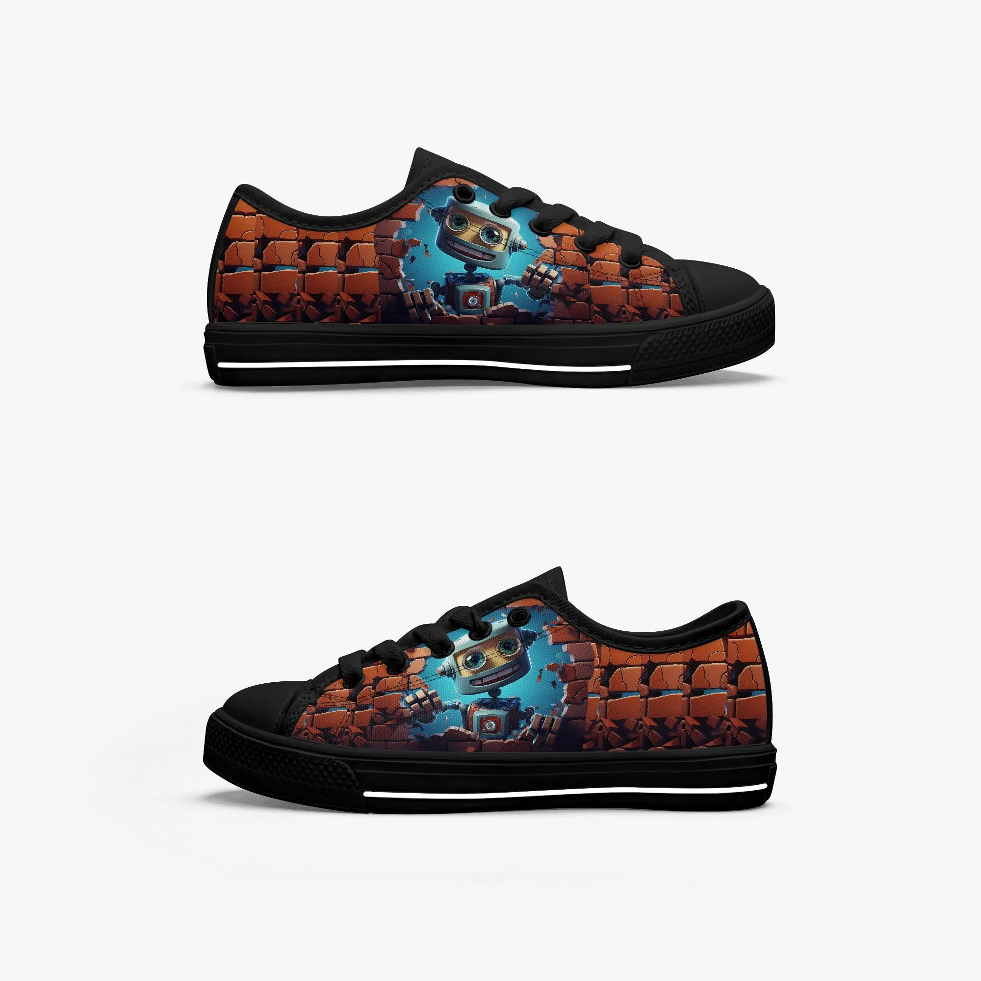 Kid’s Low-Top Canvas Shoes-Black Kids' Low-Top Canvas Shoes – Cartoon 3D Robot Breaking Through Crack Wall