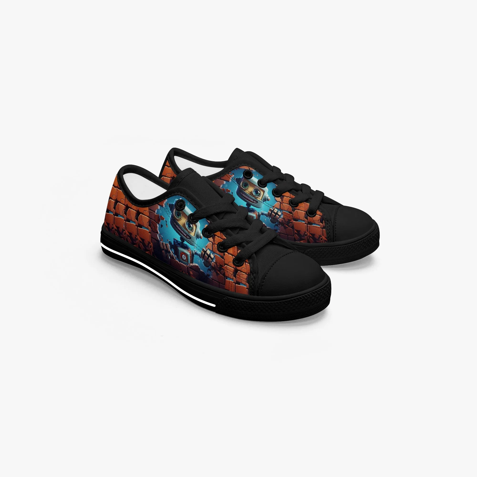 Kid’s Low-Top Canvas Shoes-Black Kids' Low-Top Canvas Shoes – Cartoon 3D Robot Breaking Through Crack Wall