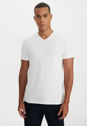 Krem Rengi V-Yaka Regular Fit Pamuk Elastan Karışımlı Basic Erkek T-Shirt THEO