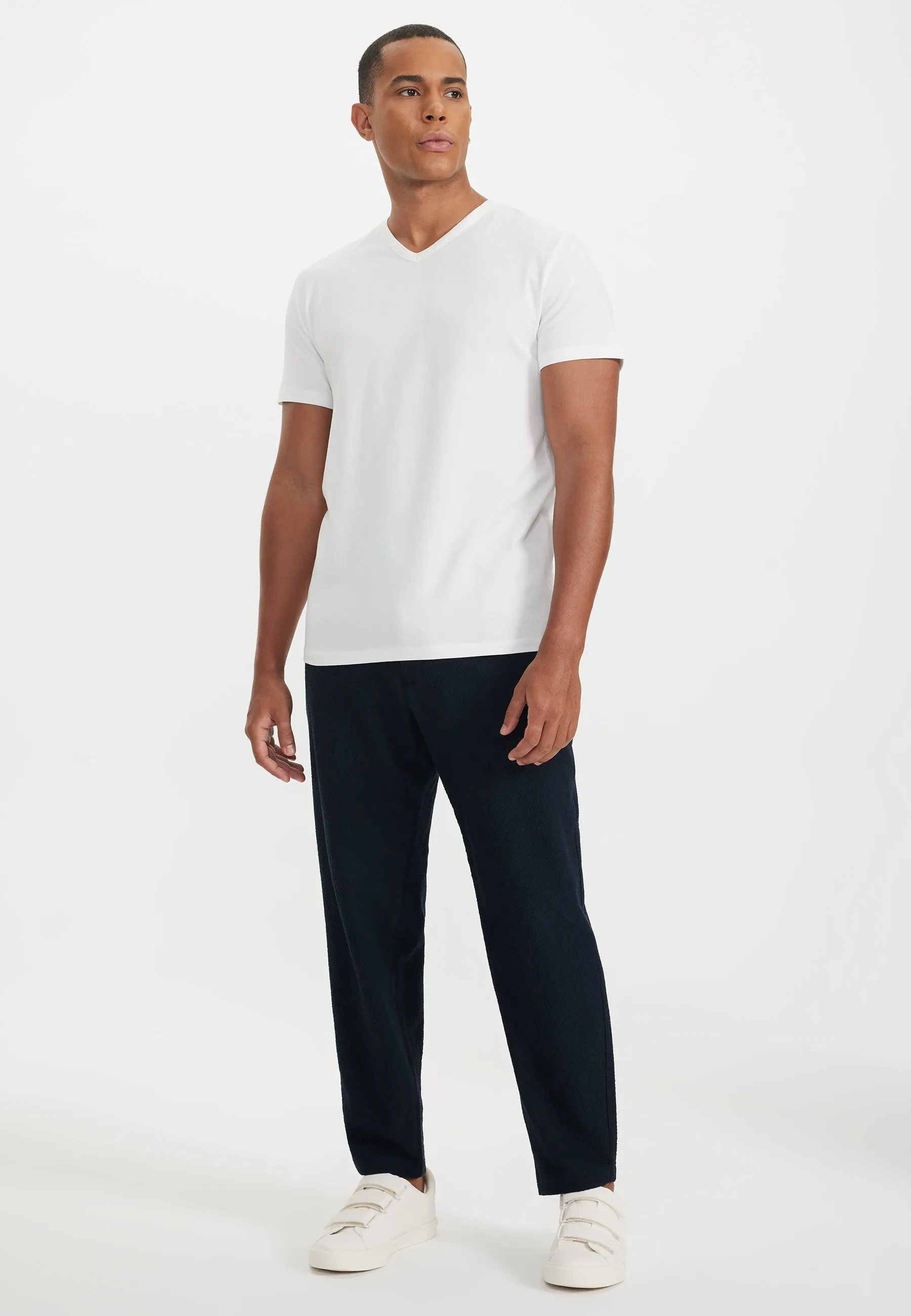 Krem Rengi V-Yaka Regular Fit Pamuk Elastan Karışımlı Basic Erkek T-Shirt THEO