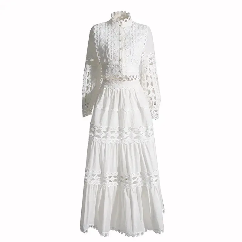 Lace Collar Long Sleeve Midriff Outfit Shirt High Waist Skirt Solid Color Two-piece Set