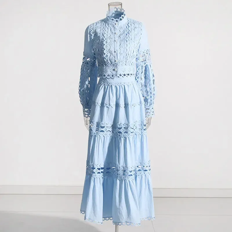 Lace Collar Long Sleeve Midriff Outfit Shirt High Waist Skirt Solid Color Two-piece Set