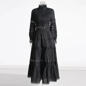 Lace Collar Long Sleeve Midriff Outfit Shirt High Waist Skirt Solid Color Two-piece Set