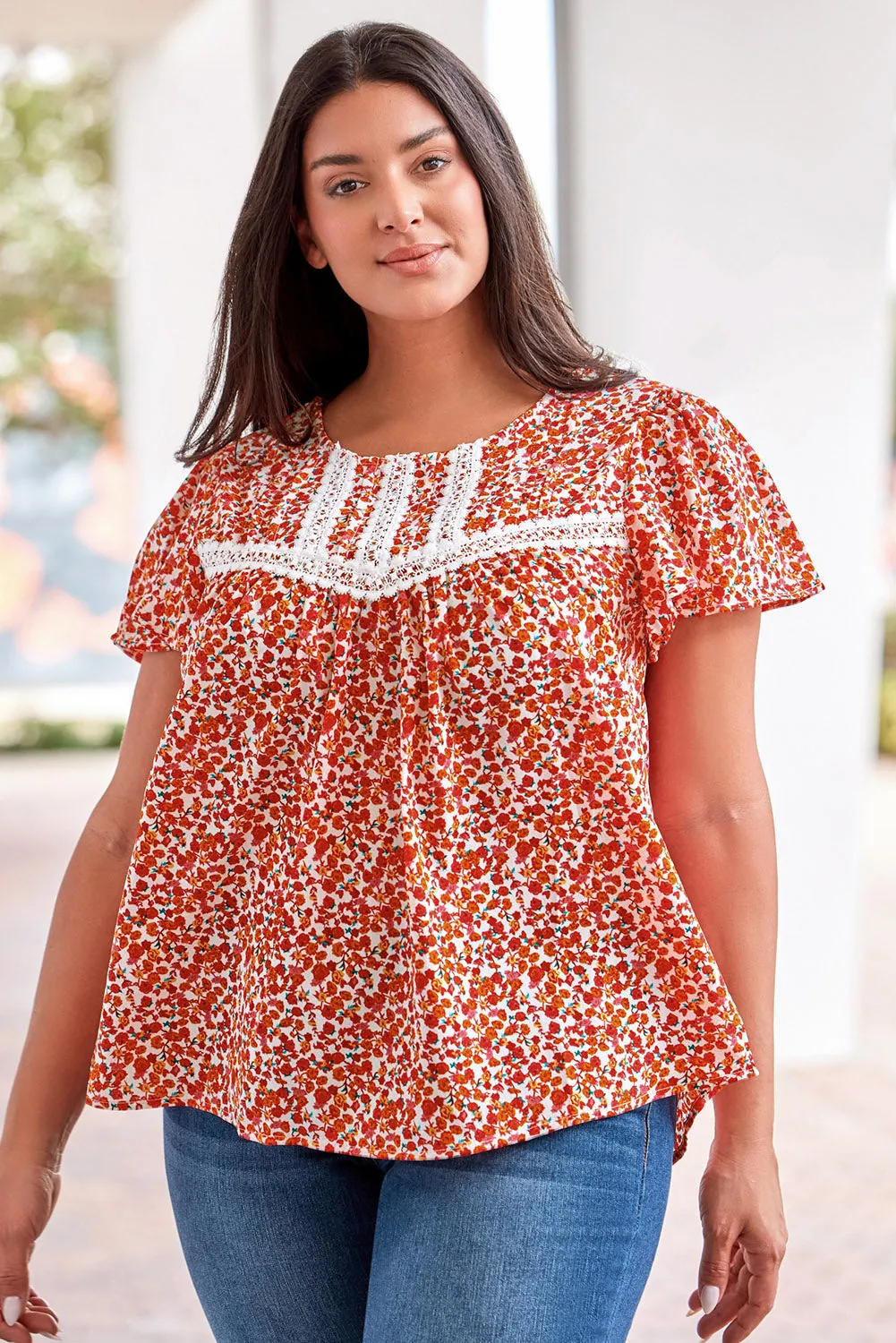 Lace Trim Plus Ruffle Sleeve Blouse