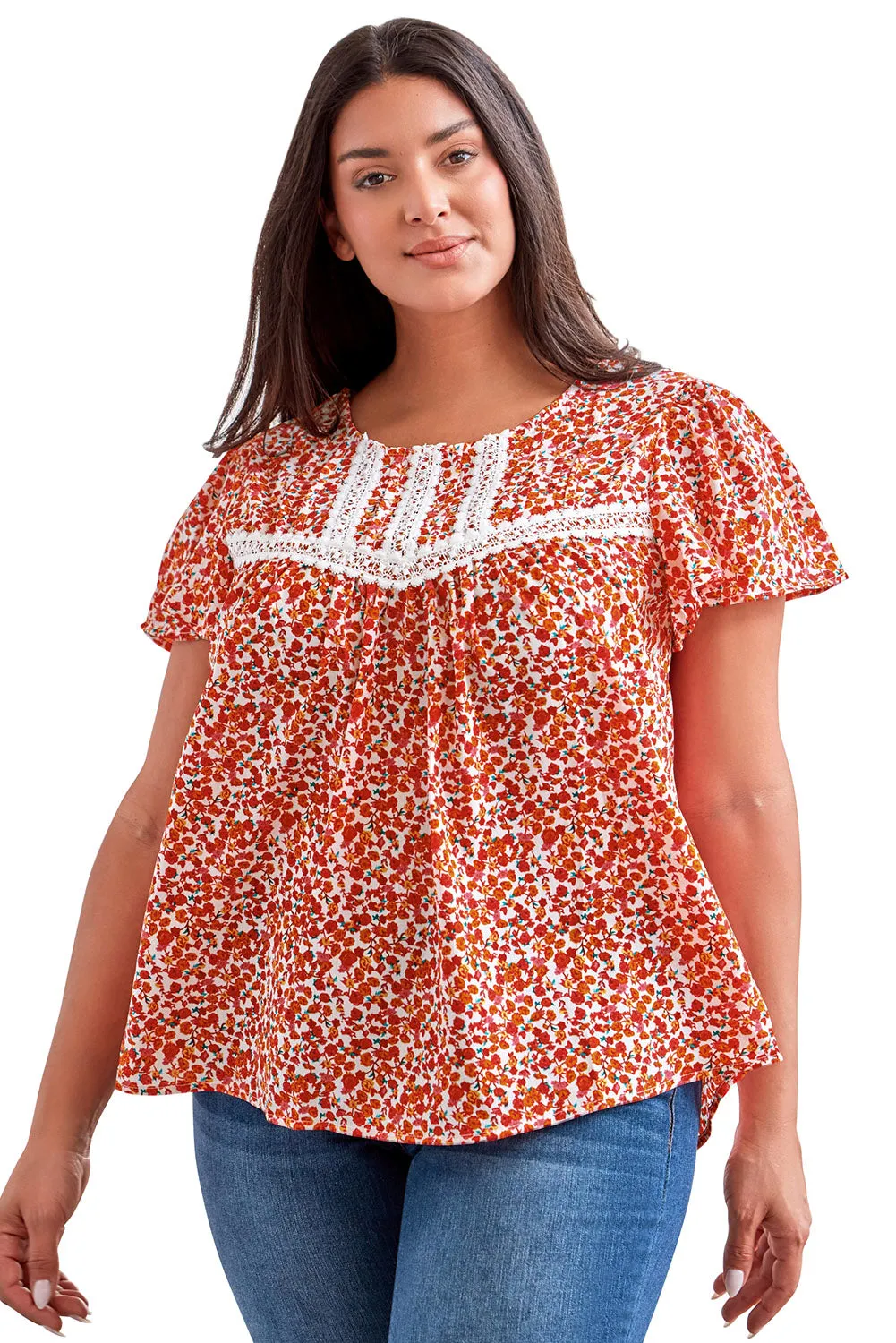 Lace Trim Plus Ruffle Sleeve Blouse