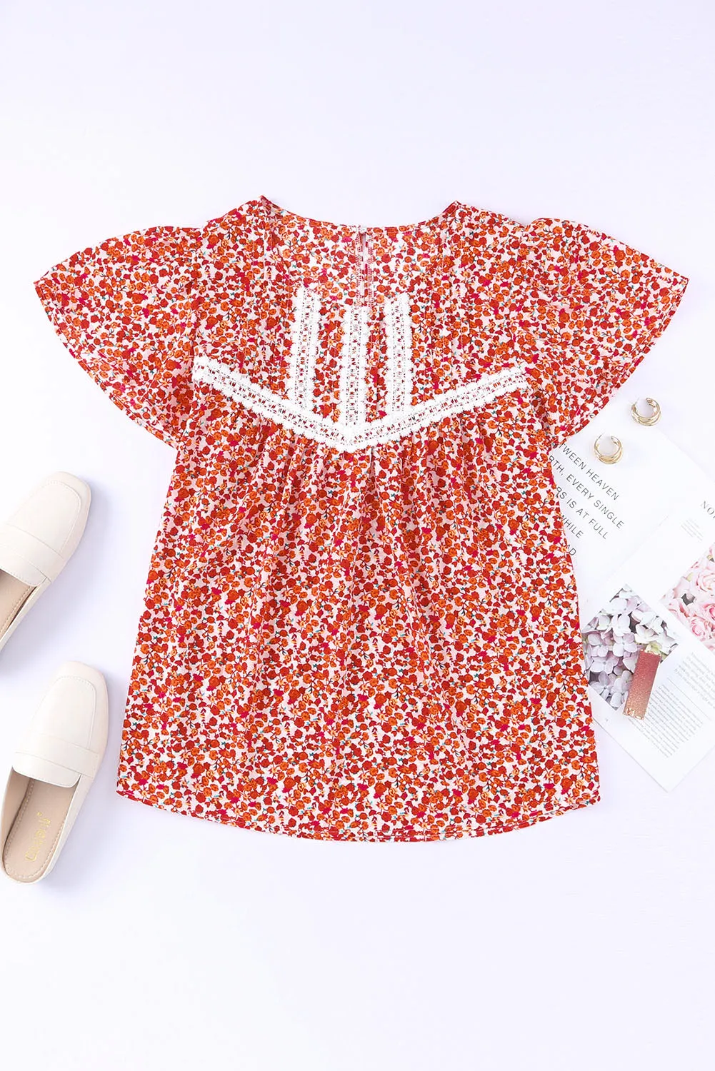 Lace Trim Plus Ruffle Sleeve Blouse