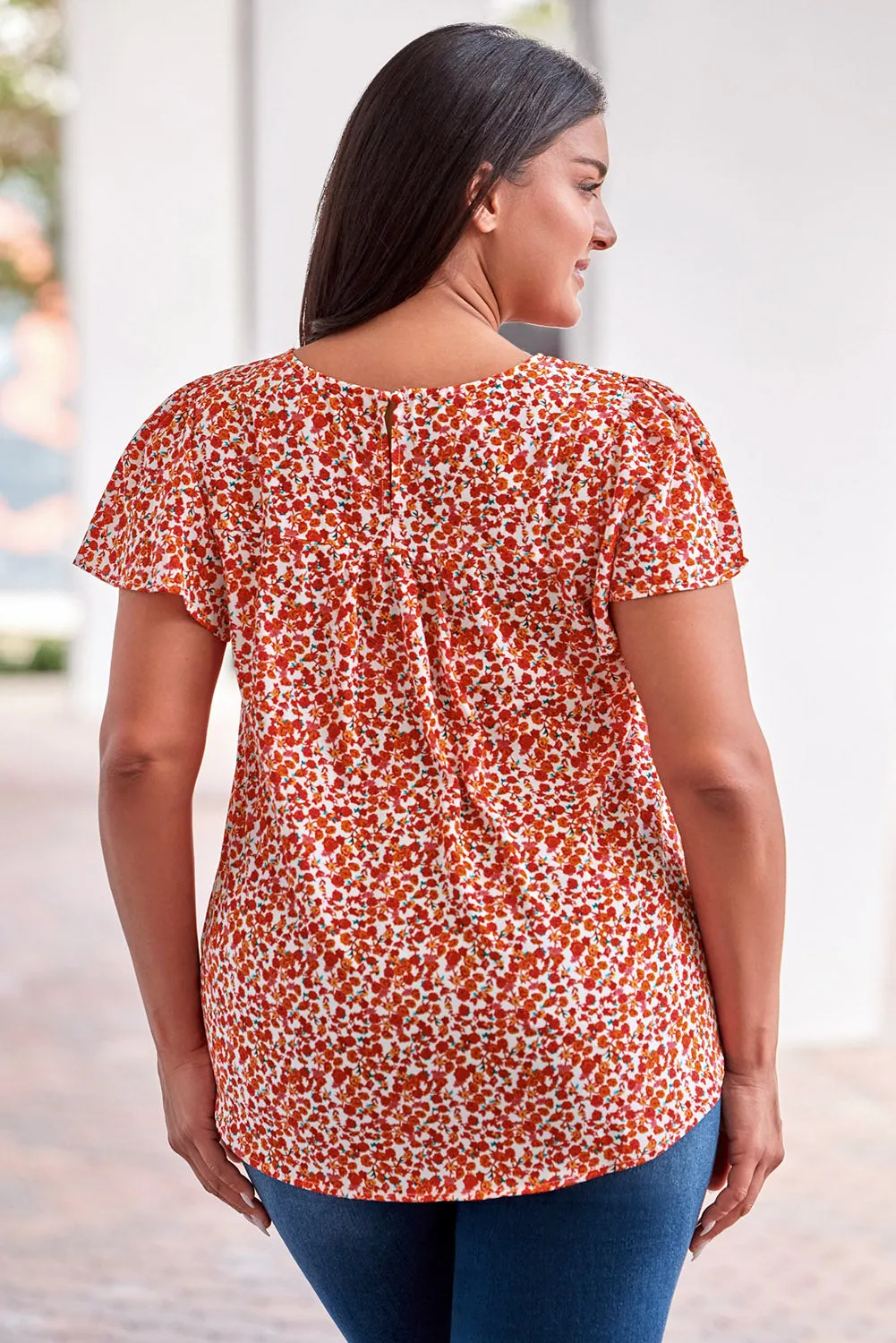 Lace Trim Plus Ruffle Sleeve Blouse