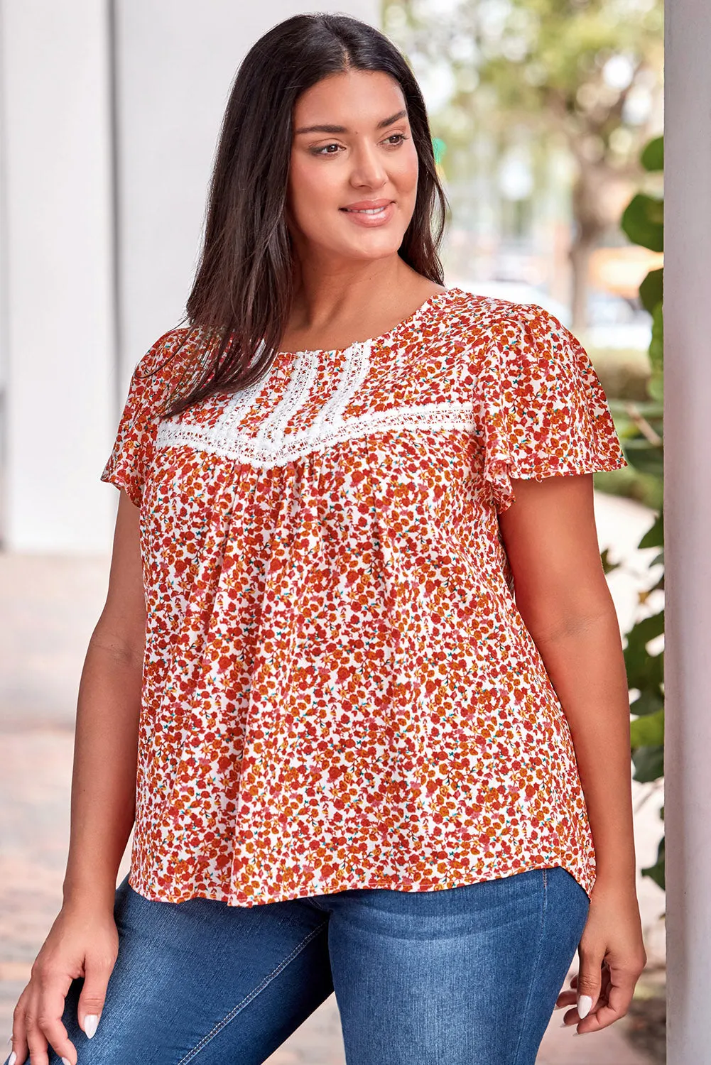 Lace Trim Plus Ruffle Sleeve Blouse