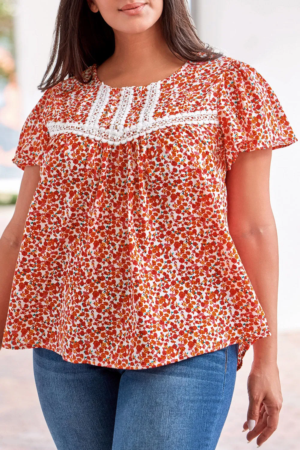 Lace Trim Plus Ruffle Sleeve Blouse