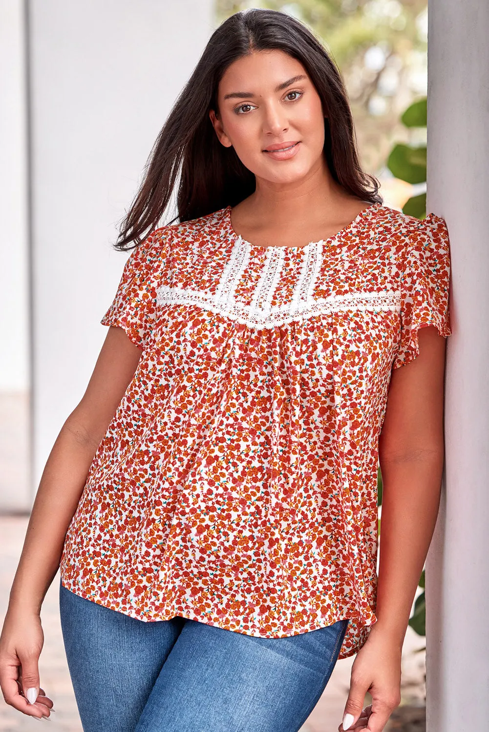 Lace Trim Plus Ruffle Sleeve Blouse