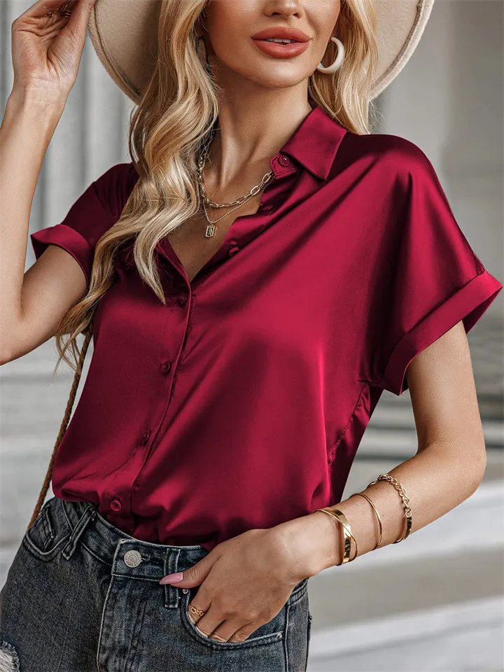 Ladies Gorgeous Short Sleeve Button Down Lapel Elegant Shirt