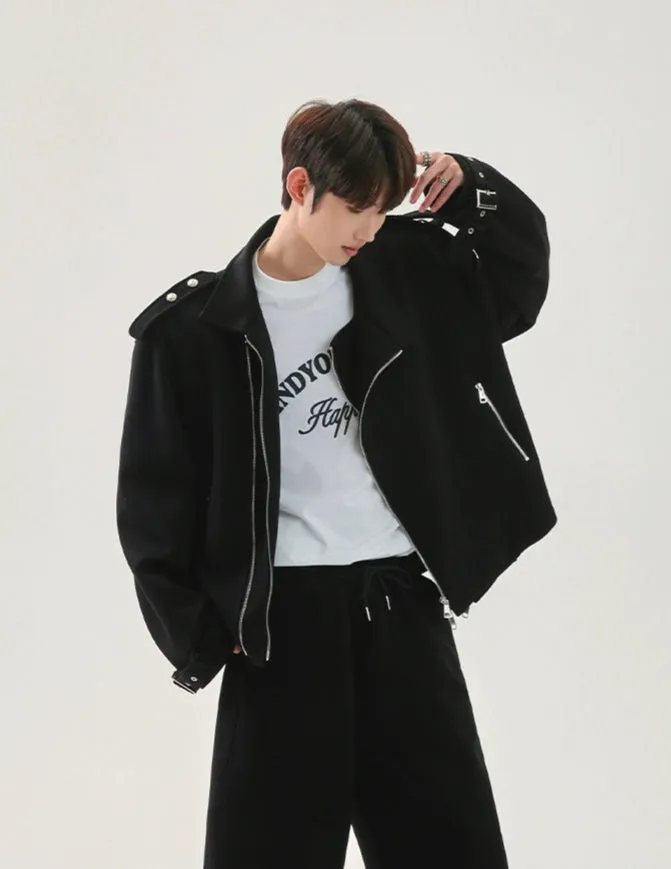 Lapel Shoulder Pad Zipper Jacket Set