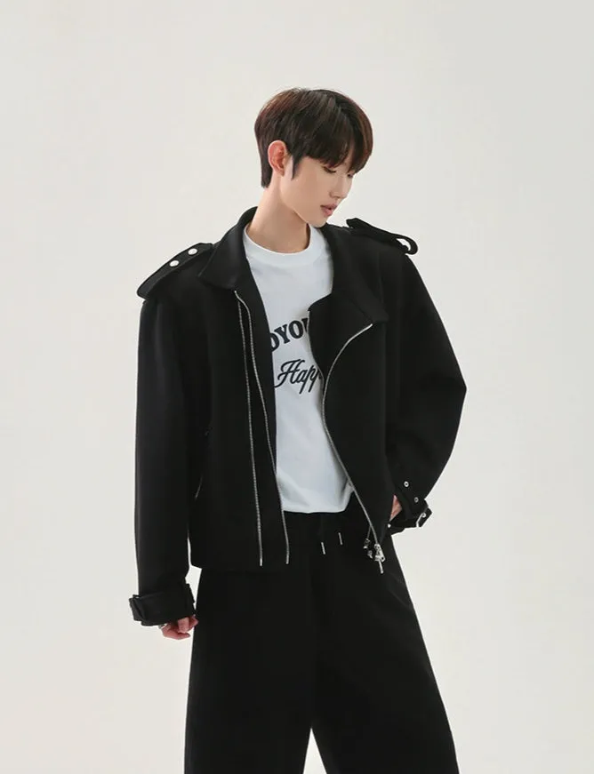 Lapel Shoulder Pad Zipper Jacket Set