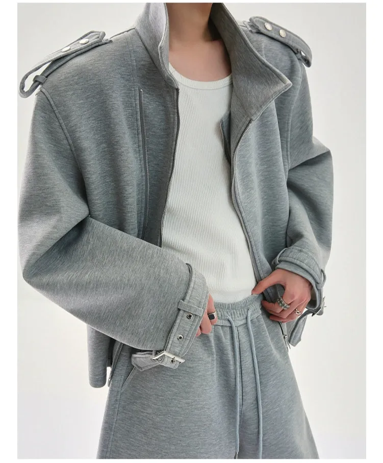 Lapel Shoulder Pad Zipper Jacket Set