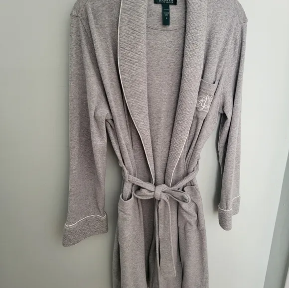 Lauren Ralph Lauren Women Medium Shawl Collar Wrap Robe Pockets Gray Knee Length