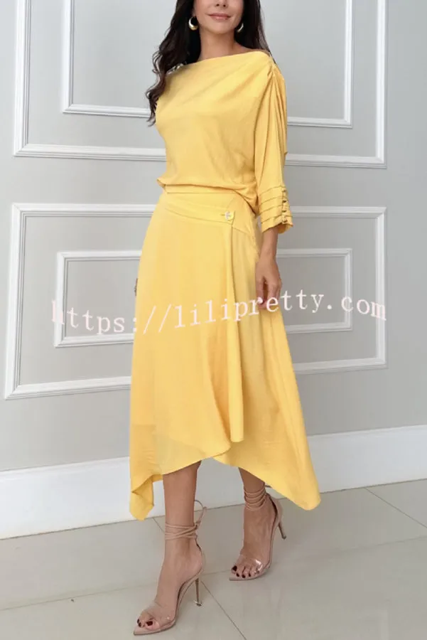 Layne One Shoulder Button Up Ruched Sleeve Top and Asymmetrical Midi Skirt Set